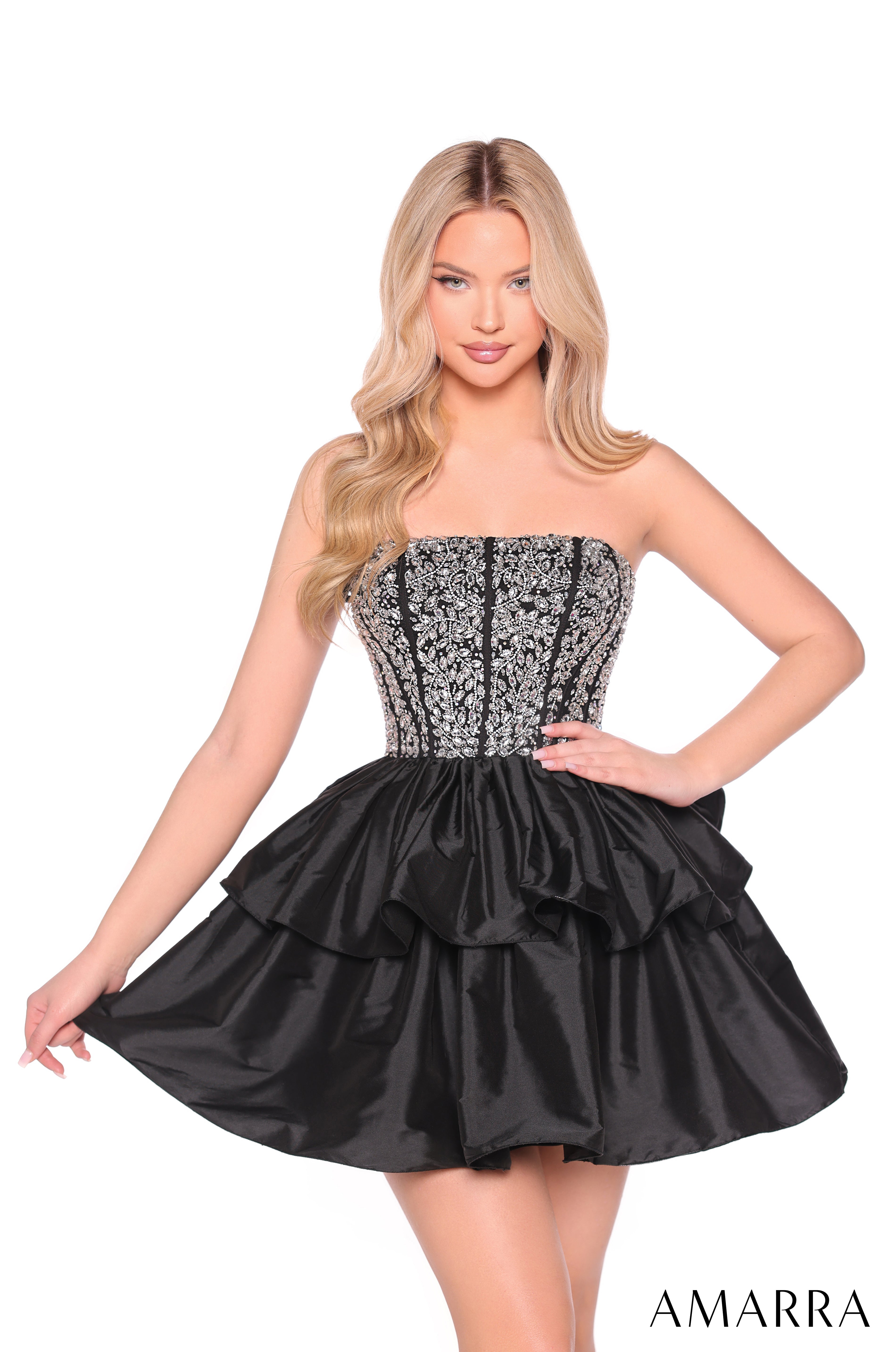 Cocktail Dresses Beaded Short Corset Mini Ruffle Cocktail Dress Amarra 88952 Black/Silver