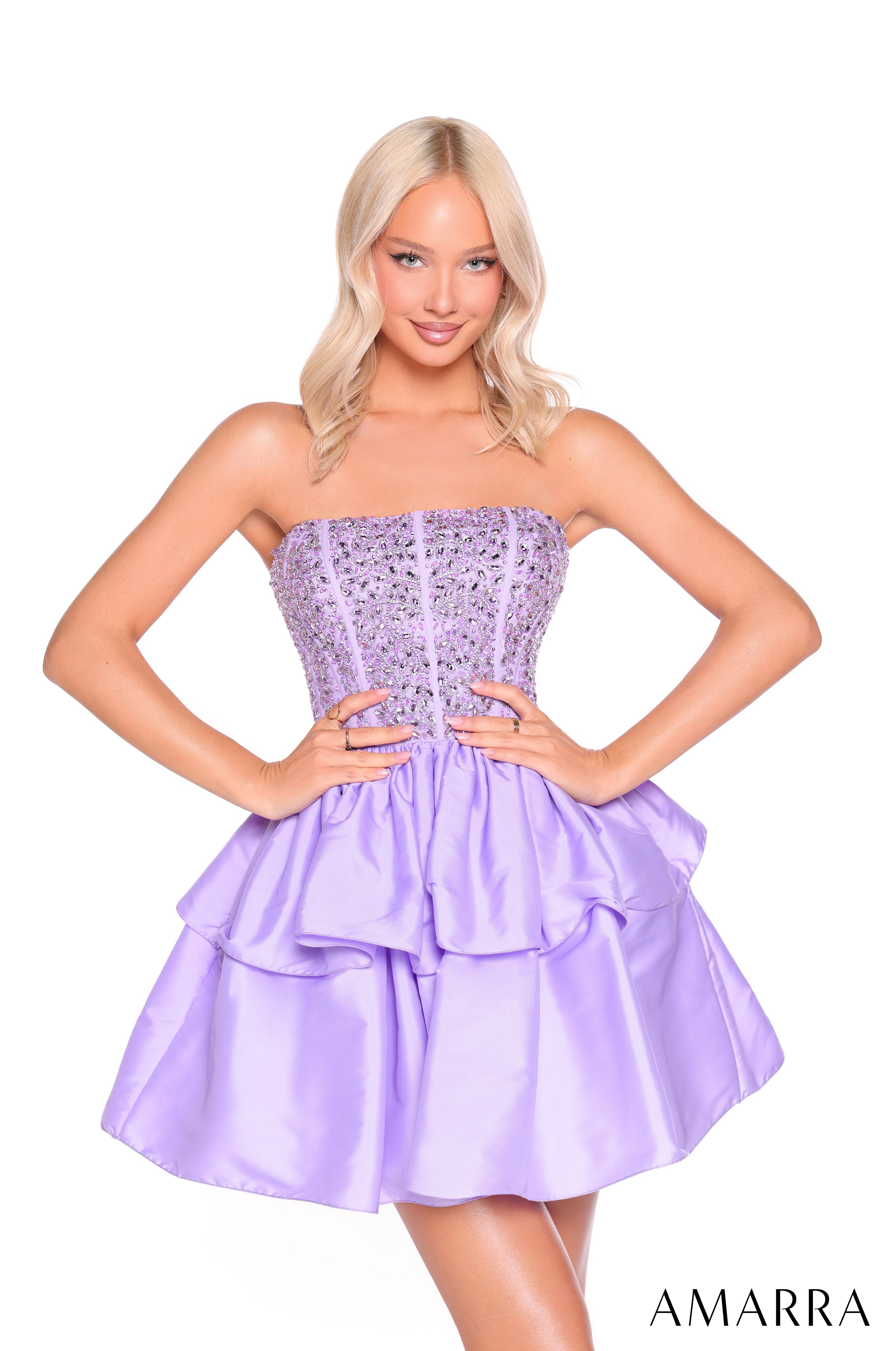 Cocktail Dresses Beaded Short Corset Mini Ruffle Cocktail Dress Amarra 88952 Lilac