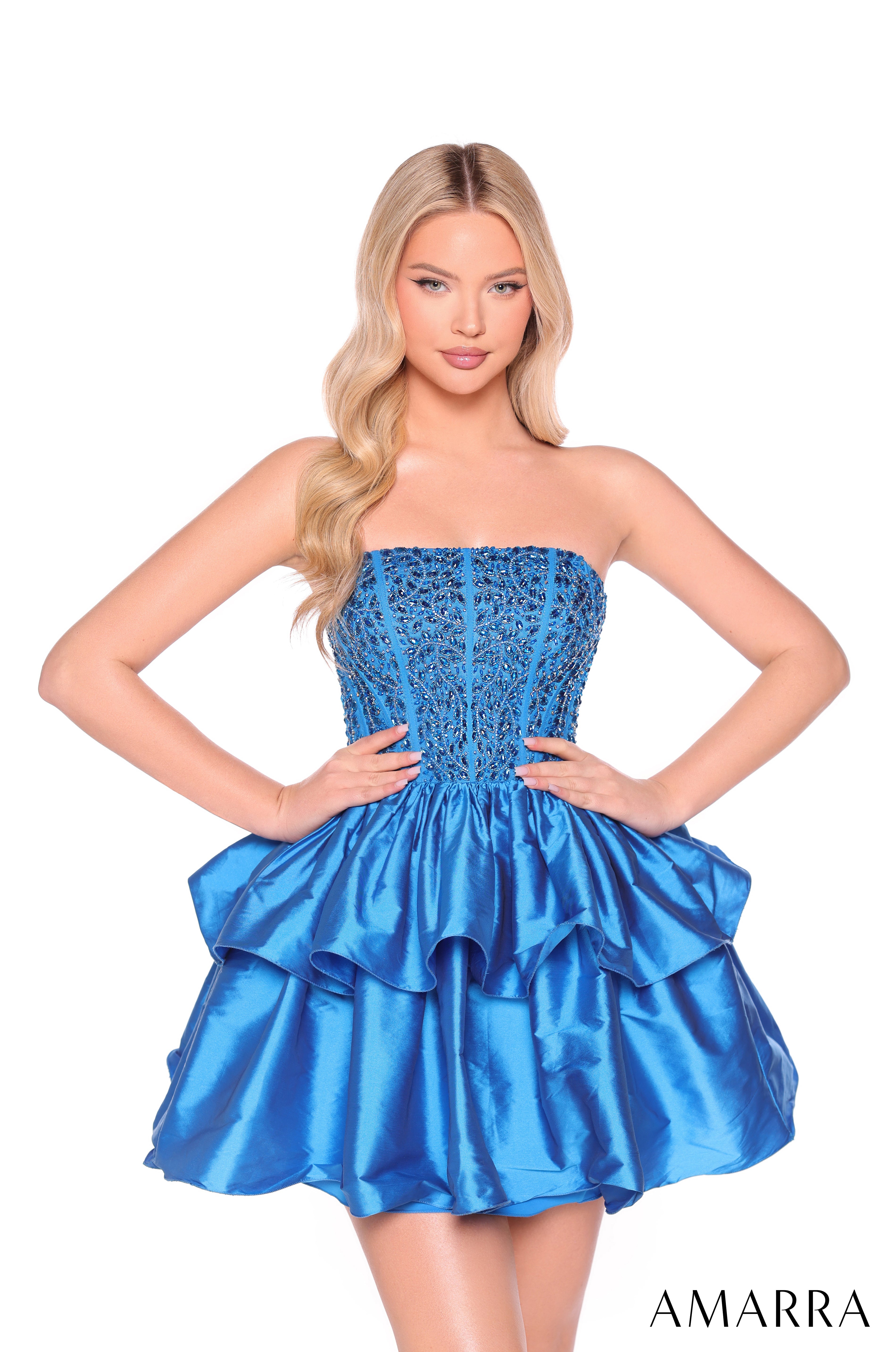 Cocktail Dresses Beaded Short Corset Mini Ruffle Cocktail Dress Amarra 88952 Peacock