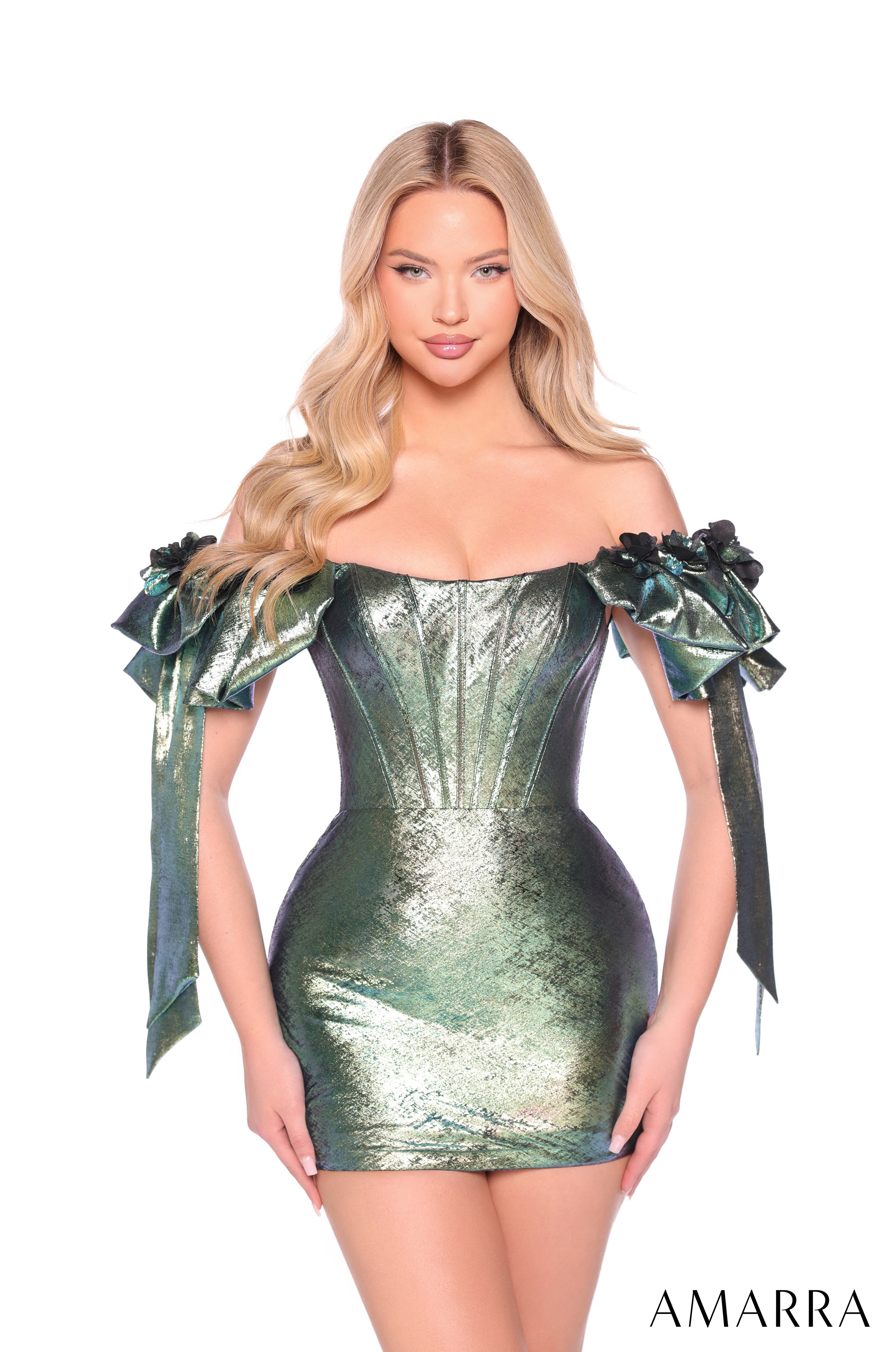 Cocktail Dresses Ruffle Short Metallic Mini Fitted Corset Cocktail Dress Amarra 88953 Metallic Bright Green