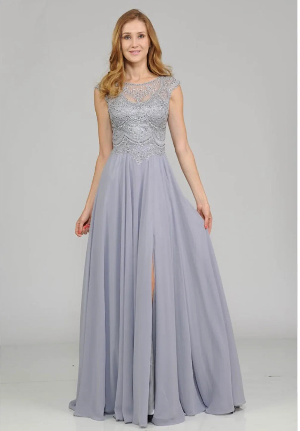 Silver Jewel Floor-Length Chiffon A-Line Formal Gown with Embroidered Bodice Poly USA 8254