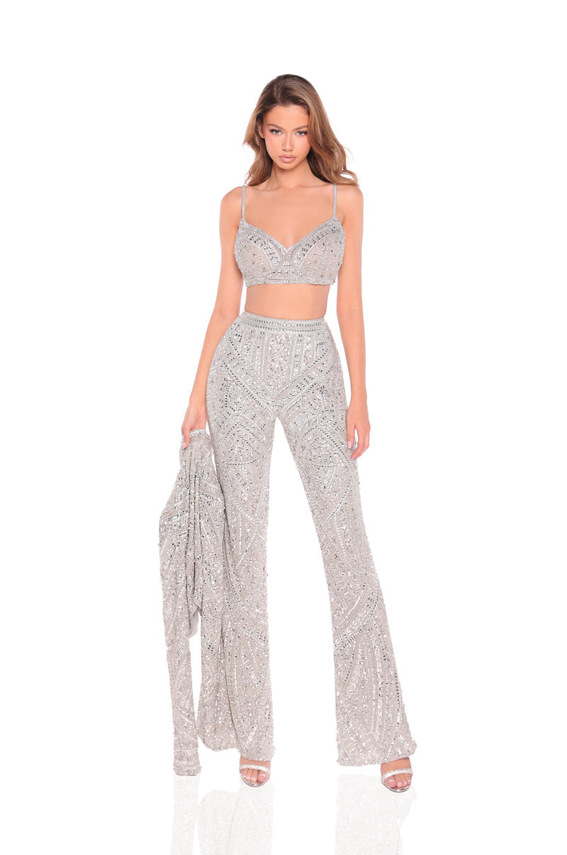 Pant Suit Long Beaded Formal Pant Suit Silver