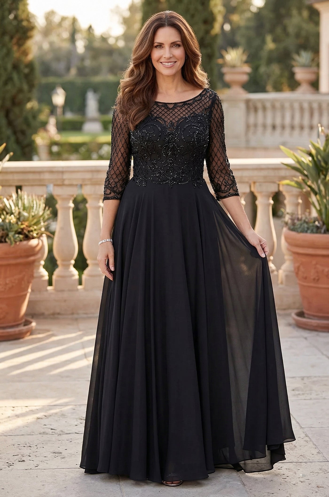 Hand Beaded Long Sleeve Mother of the Bride Dress