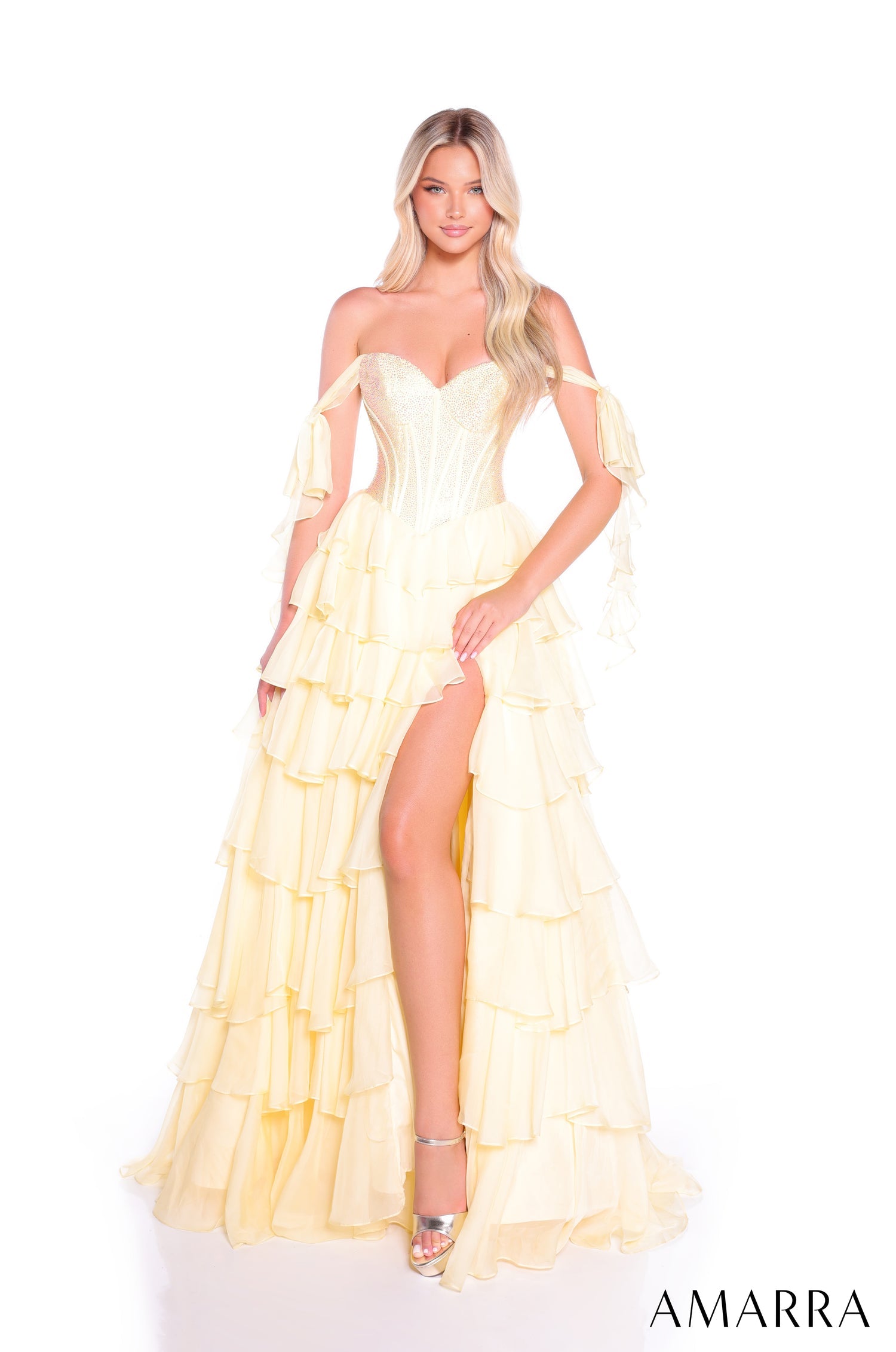 Prom Dresses Ruffle Beaded Corset Prom Dress Light Yellow