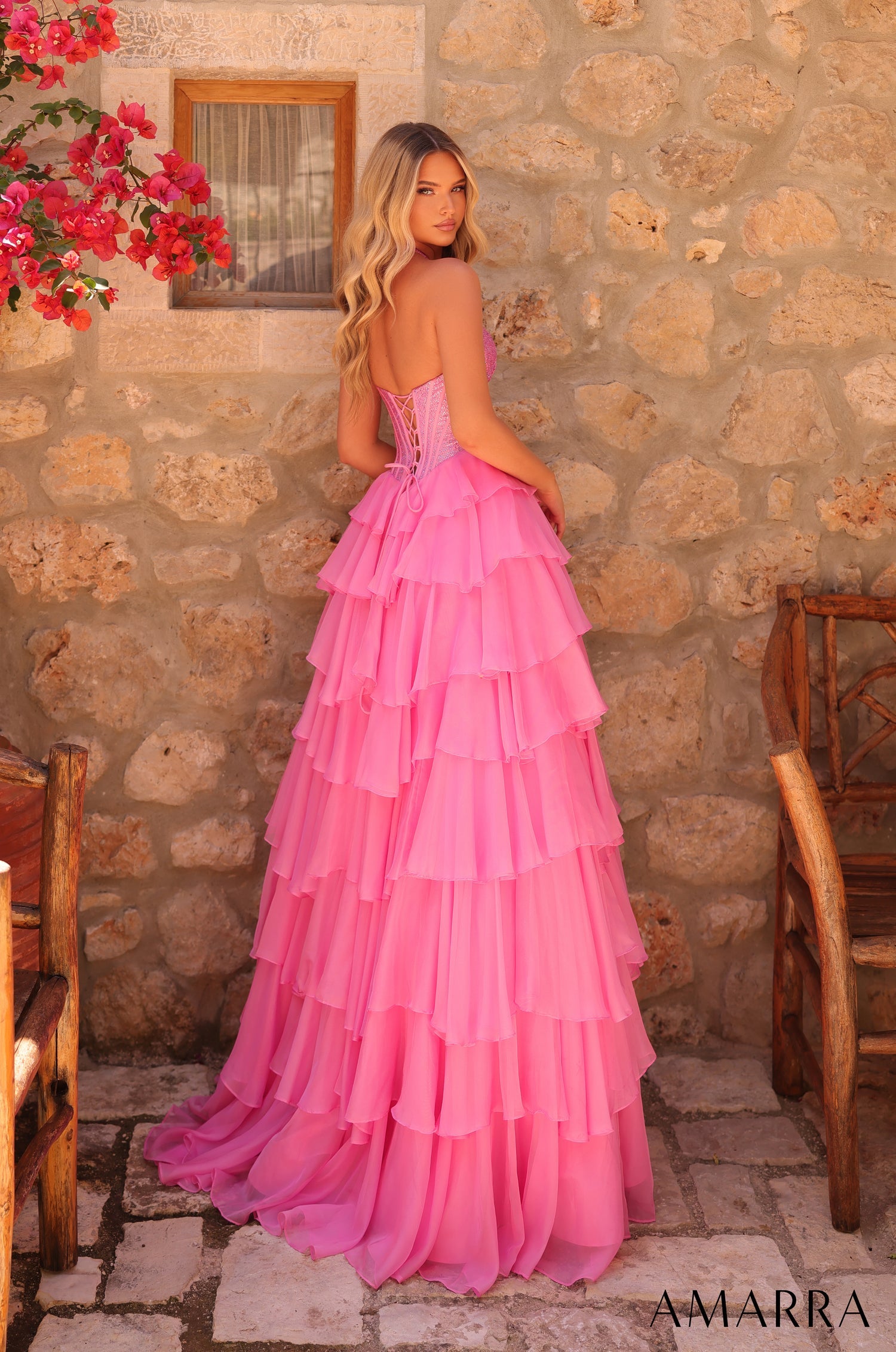 Prom Dresses Beaded Corset Slit Prom Ruffle Dress Bright Pink