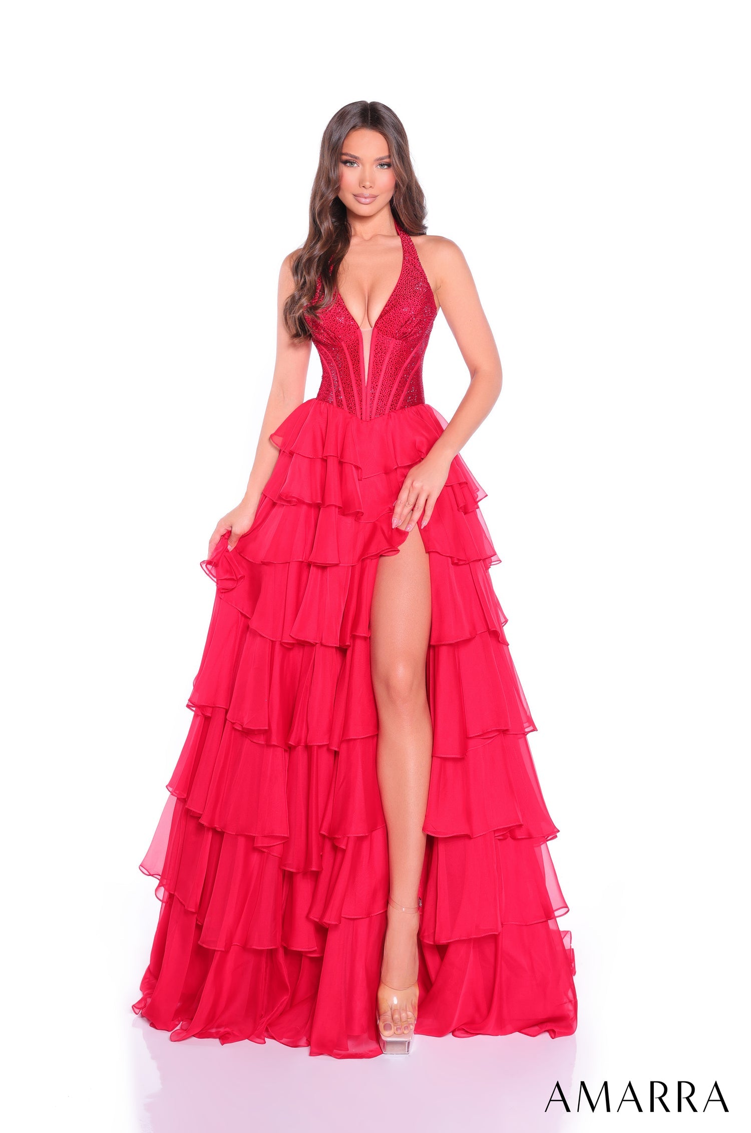 Prom Dresses Beaded Corset Slit Prom Ruffle Dress Red