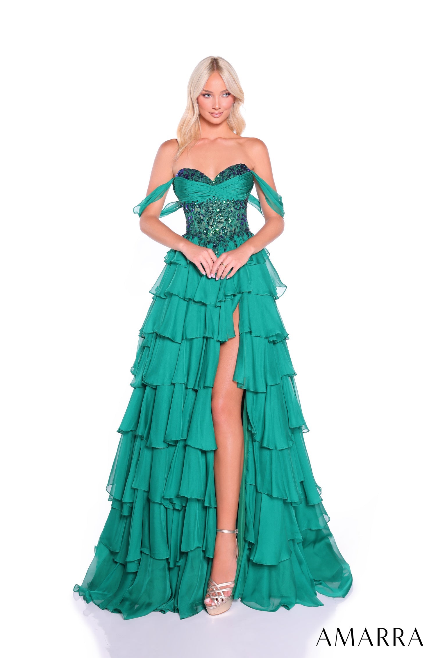Prom Dresses Ruffle Sequin Lace Prom Ball Gown Emerald