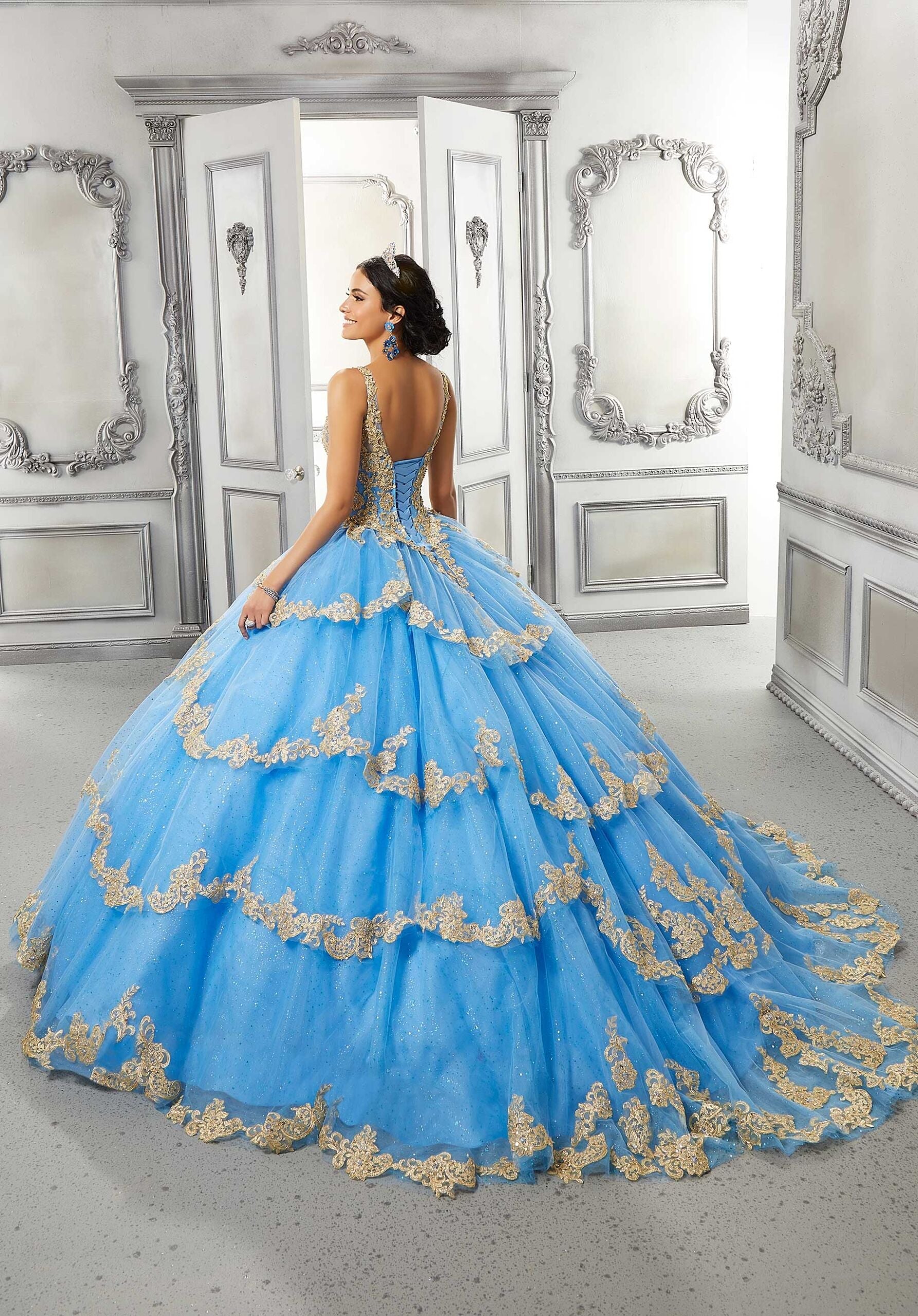 V-Neck Floor-Length Tulle Quinceañera Ball Gown MGNY Madeline Gardner New York 89324