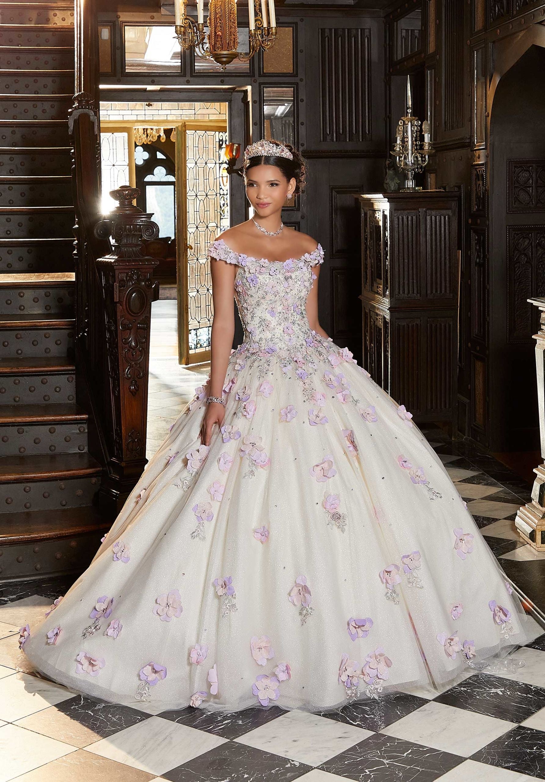 Off-the-Shoulder Floor-Length Tulle Quinceañera Ball Gown MGNY Madeline Gardner New York 89341