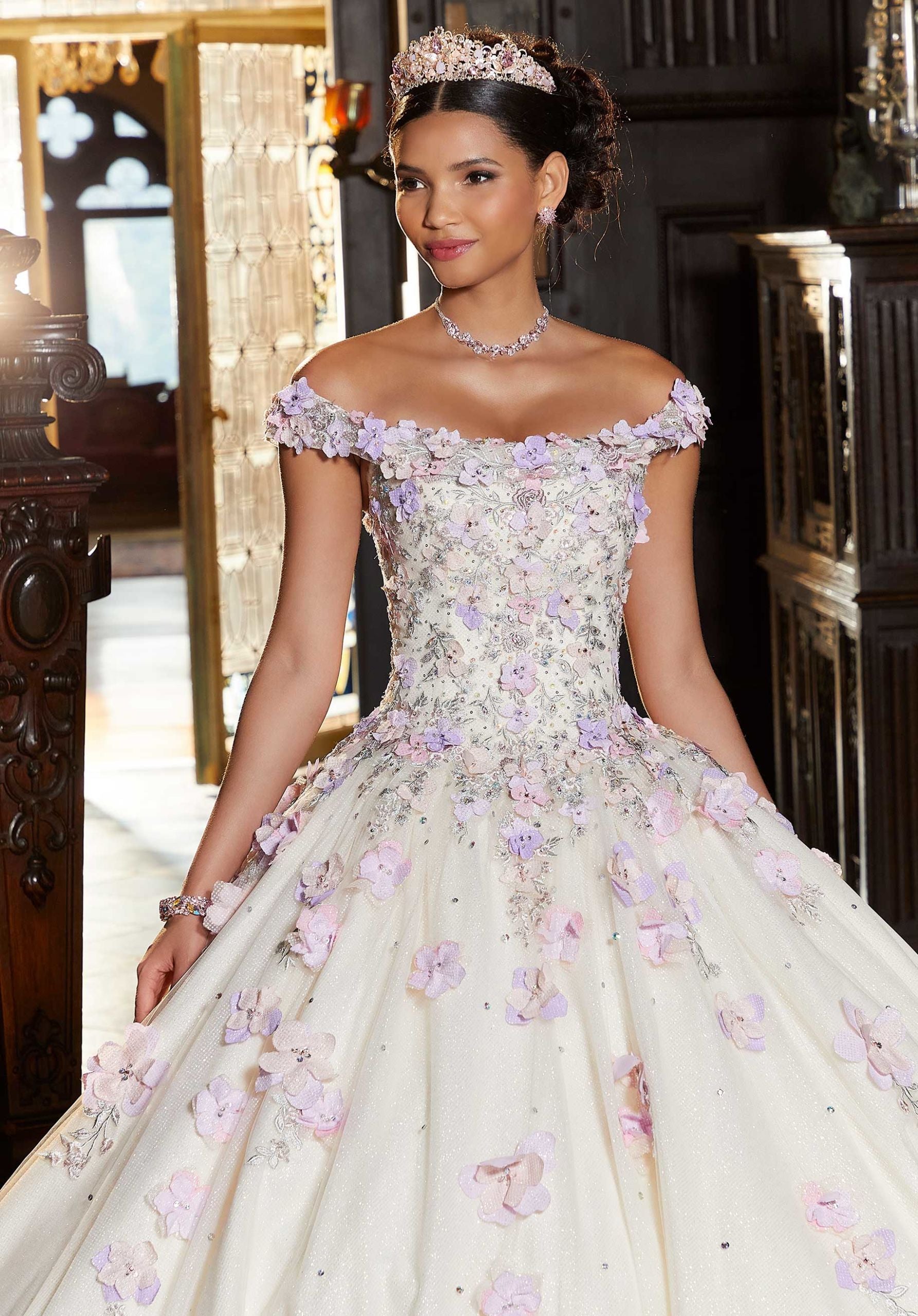 Off-the-Shoulder Floor-Length Tulle Quinceañera Ball Gown MGNY Madeline Gardner New York 89341