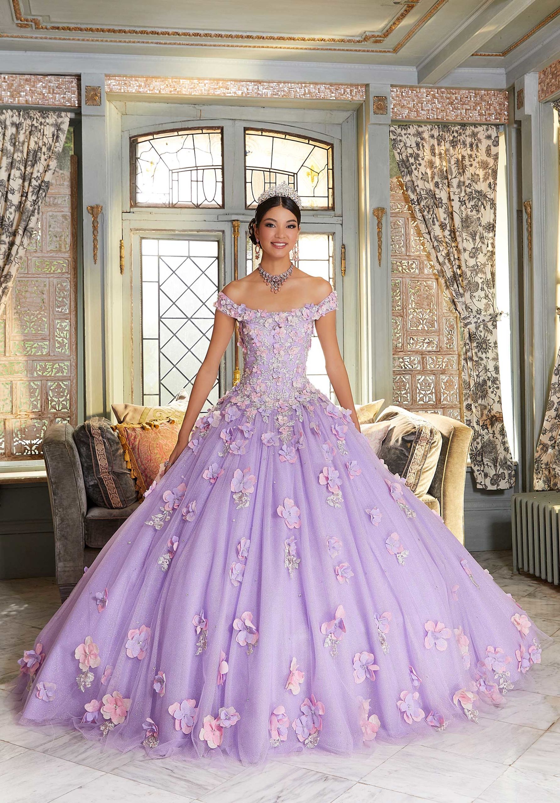 Off-the-Shoulder Floor-Length Tulle Quinceañera Ball Gown MGNY Madeline Gardner New York 89341