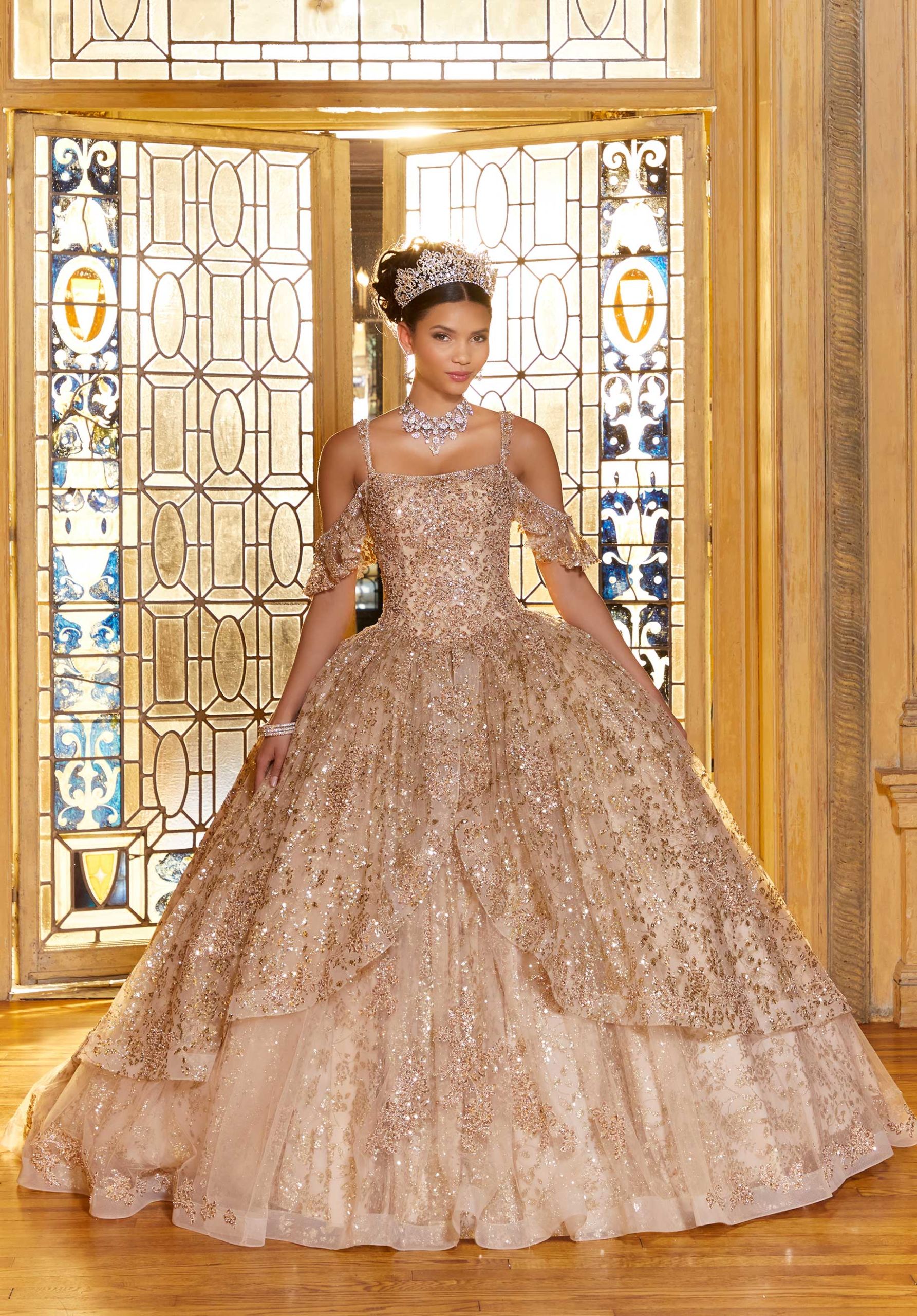Cold-Shoulder Floor-Length Tulle Quinceañera Ball Gown MGNY Madeline Gardner New York 89346