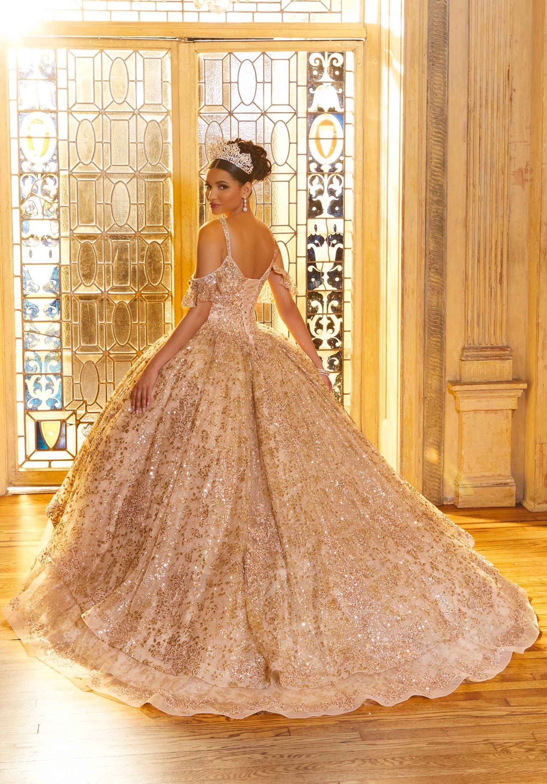Cold-Shoulder Floor-Length Tulle Quinceañera Ball Gown MGNY Madeline Gardner New York 89346