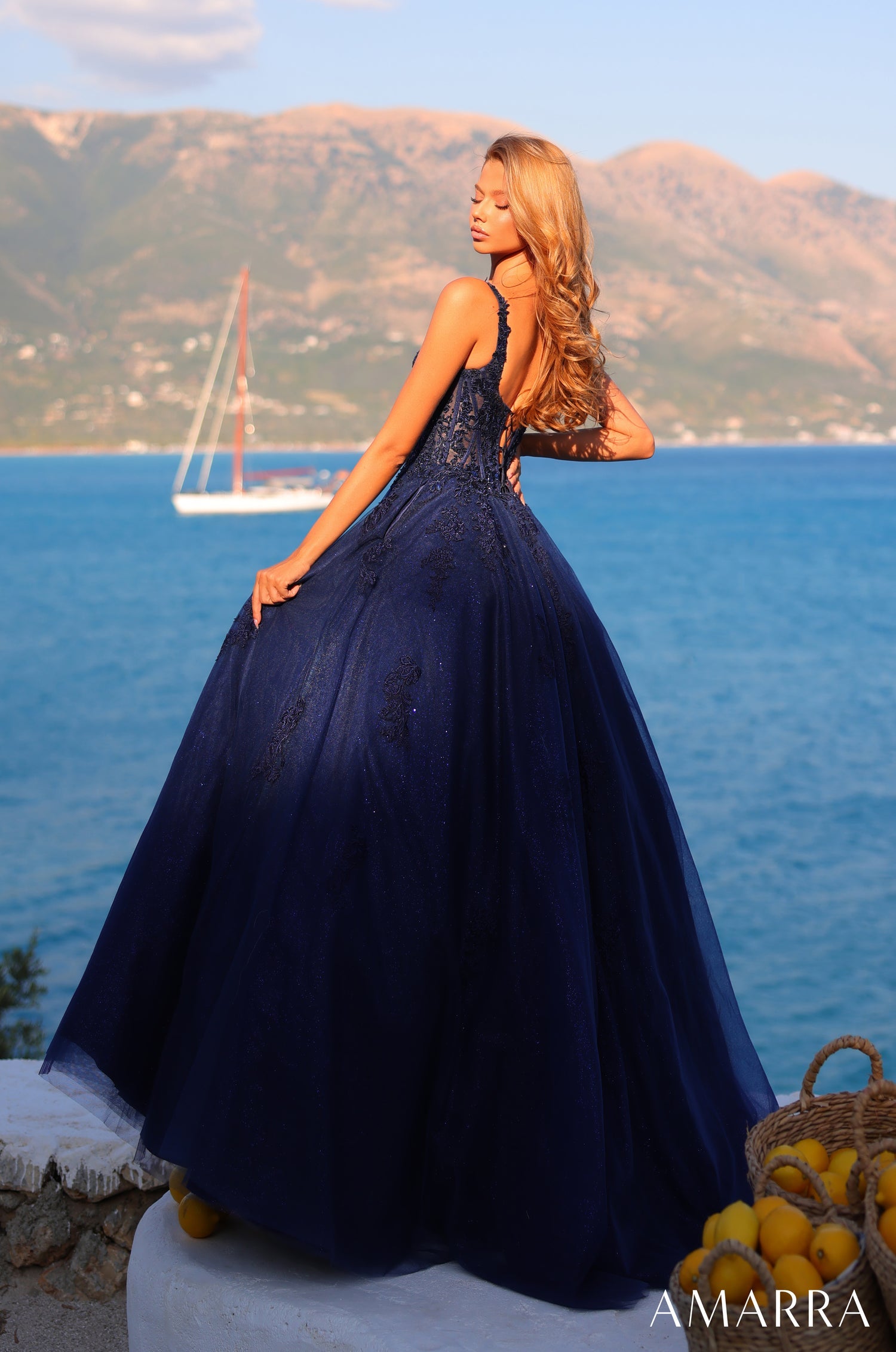 Prom Dresses Long Lace Glitter Corset Ball Gown Navy