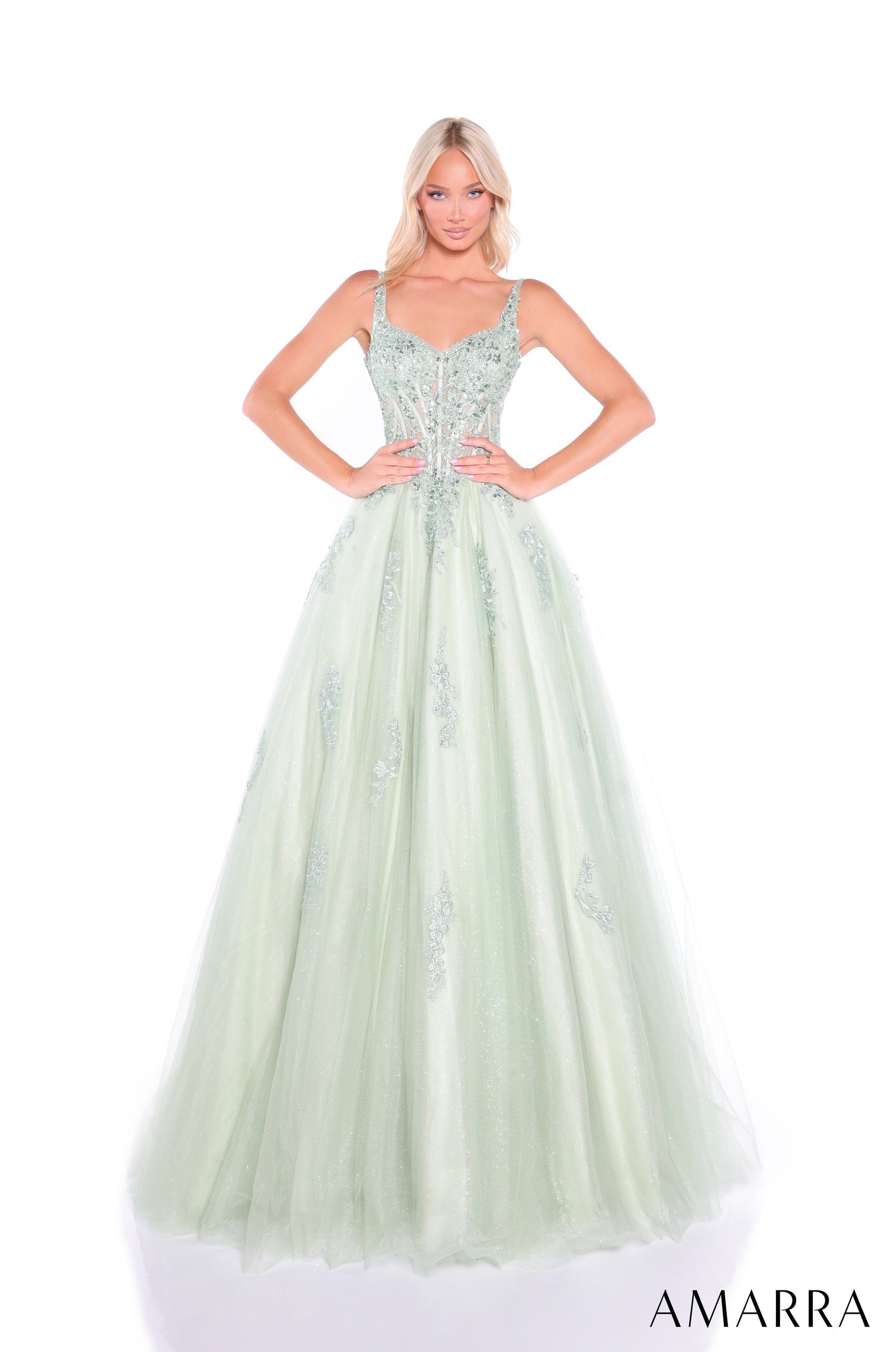 Prom Dresses Long Lace Glitter Corset Ball Gown Sage