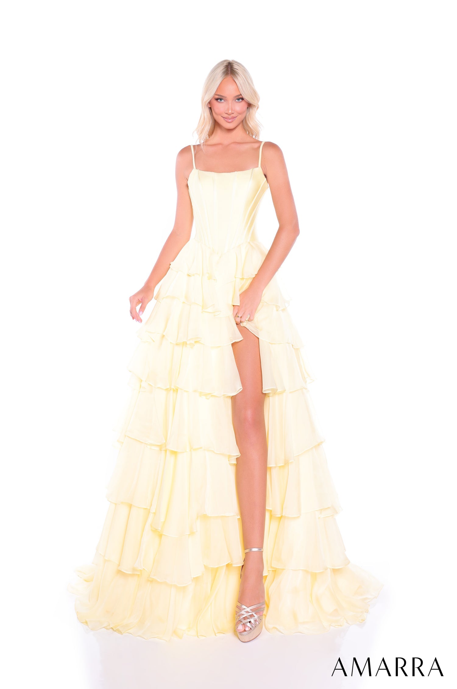Prom Dresses Long Corset Prom Ruffle Evening Dress Light Yellow