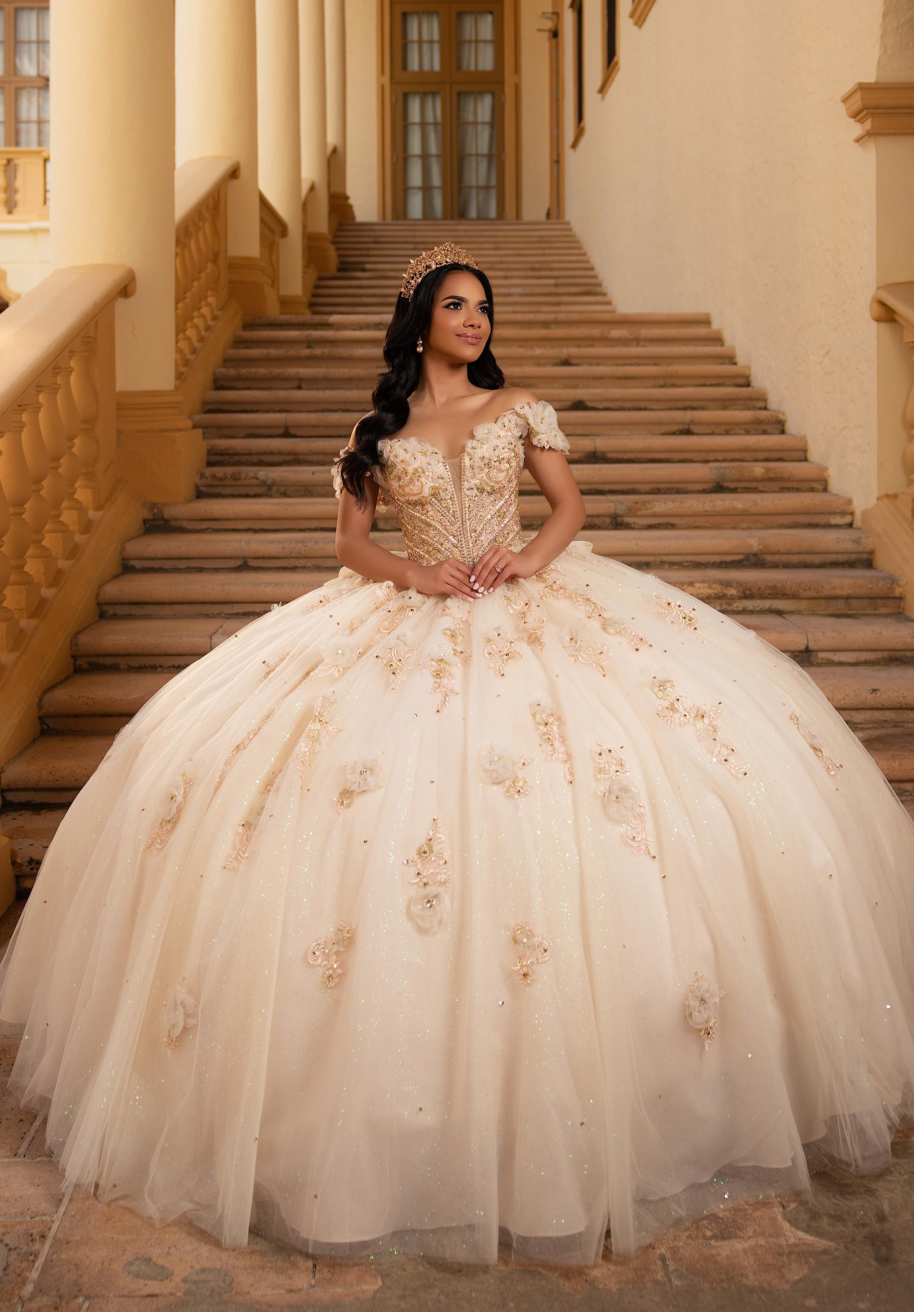 Off-the-Shoulder Floor-Length Tulle Quinceañera Ball Gown MGNY Madeline Gardner New York 89473