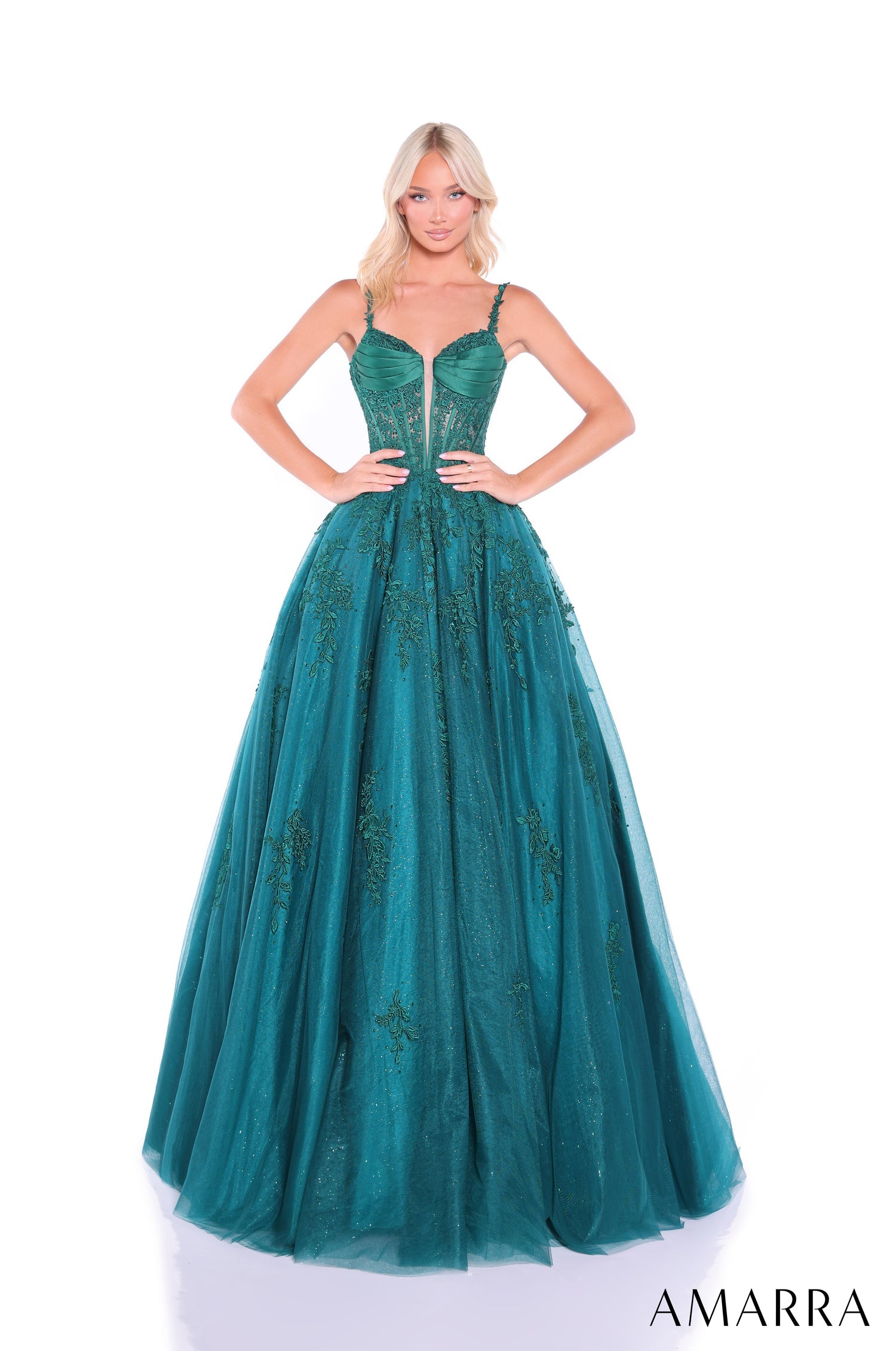 Prom Dresses Glitter Lace Corset Prom Ball Gown Emerald