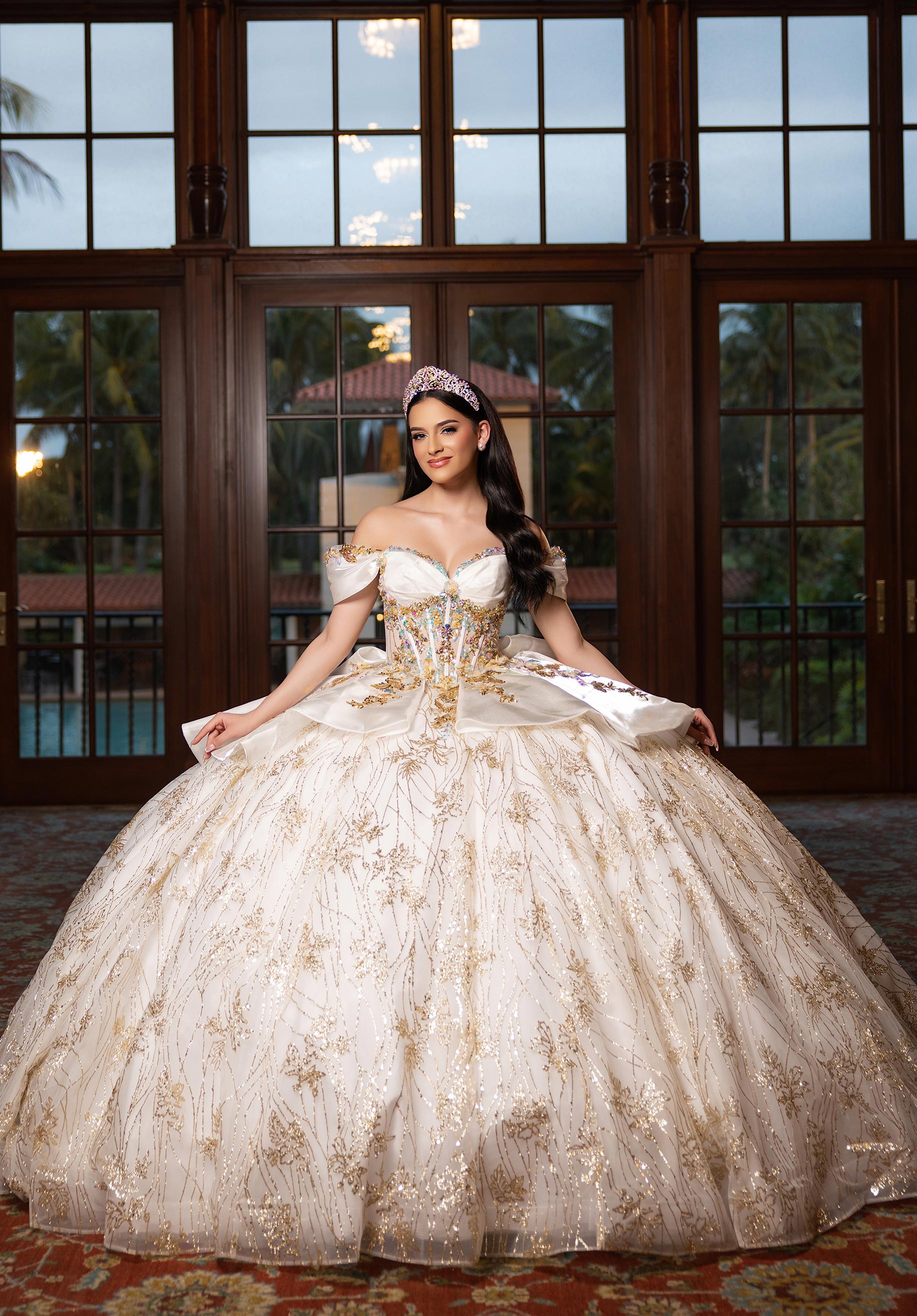 Strapless Curved Neck Floor-Length Tulle Quinceañera Ball Gown MGNY Madeline Gardner New York 89539