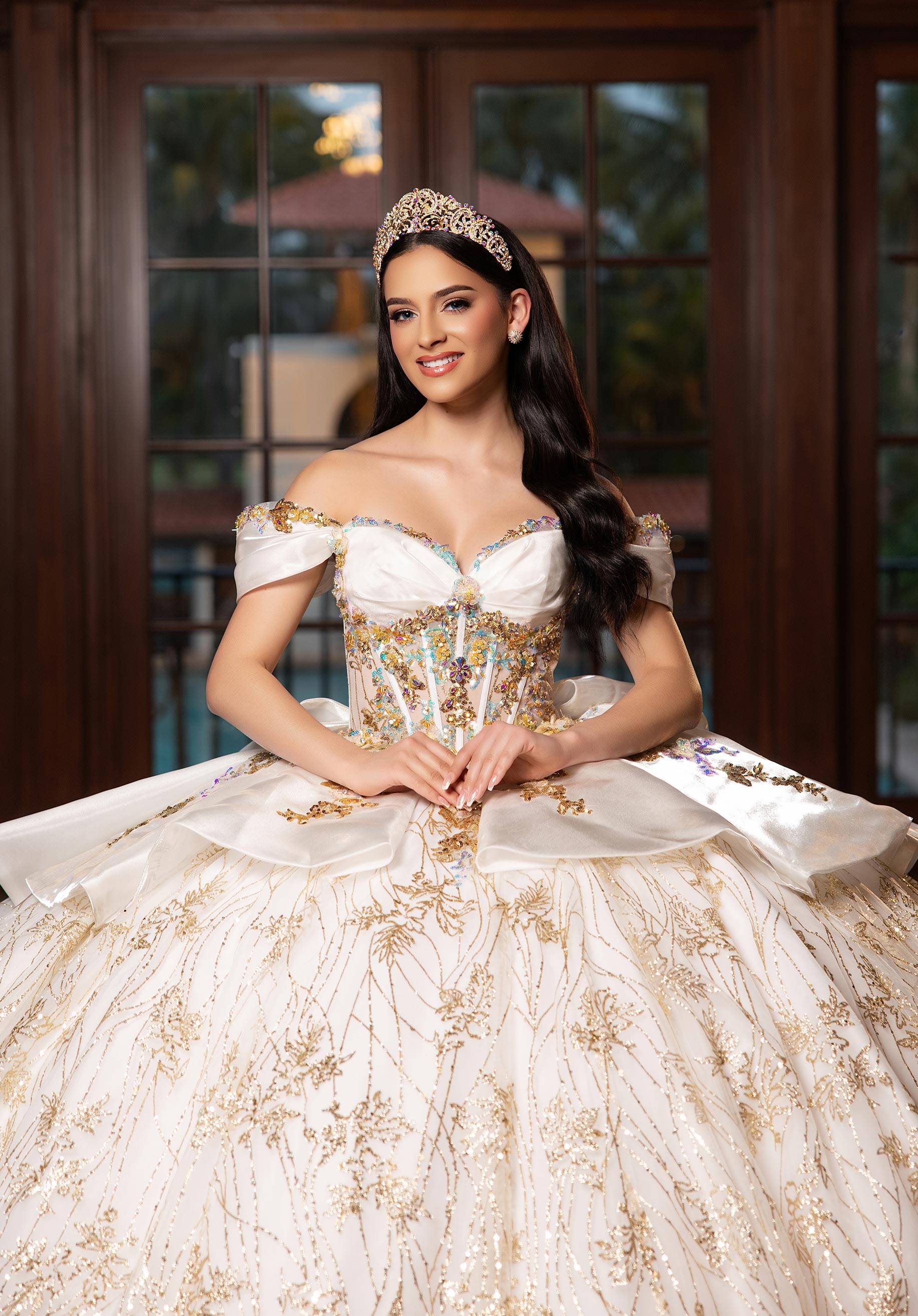 Strapless Curved Neck Floor-Length Tulle Quinceañera Ball Gown MGNY Madeline Gardner New York 89539