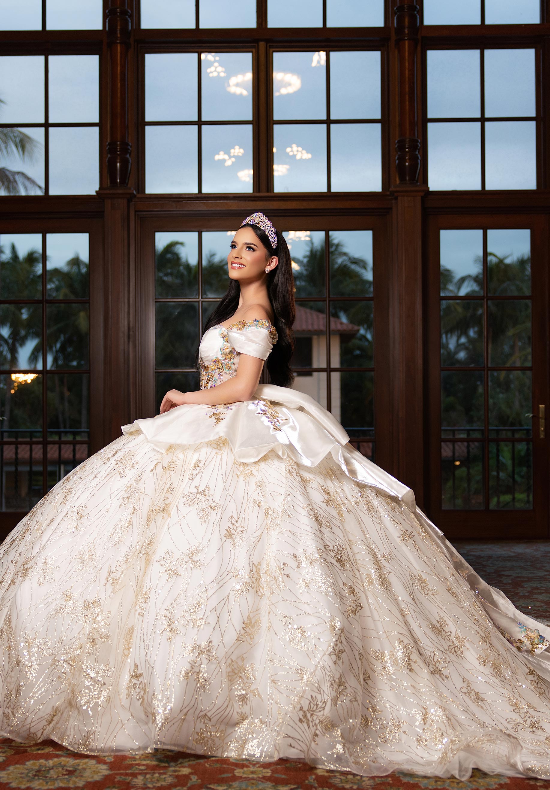Strapless Curved Neck Floor-Length Tulle Quinceañera Ball Gown MGNY Madeline Gardner New York 89539