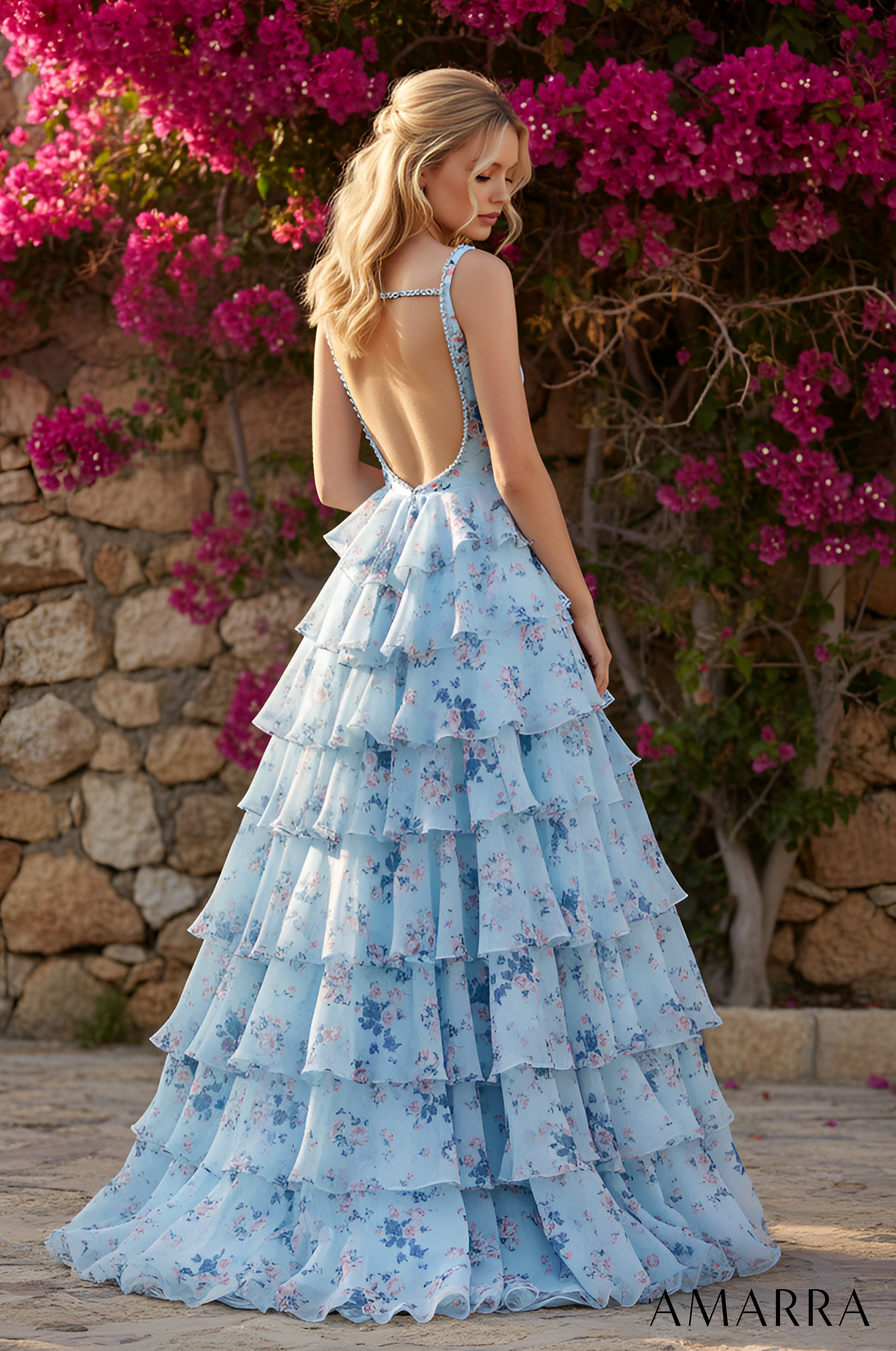 Blue/Print Sweetheart Floor Length Mesh Prom Dress with Tiered Skirt Amarra 89613