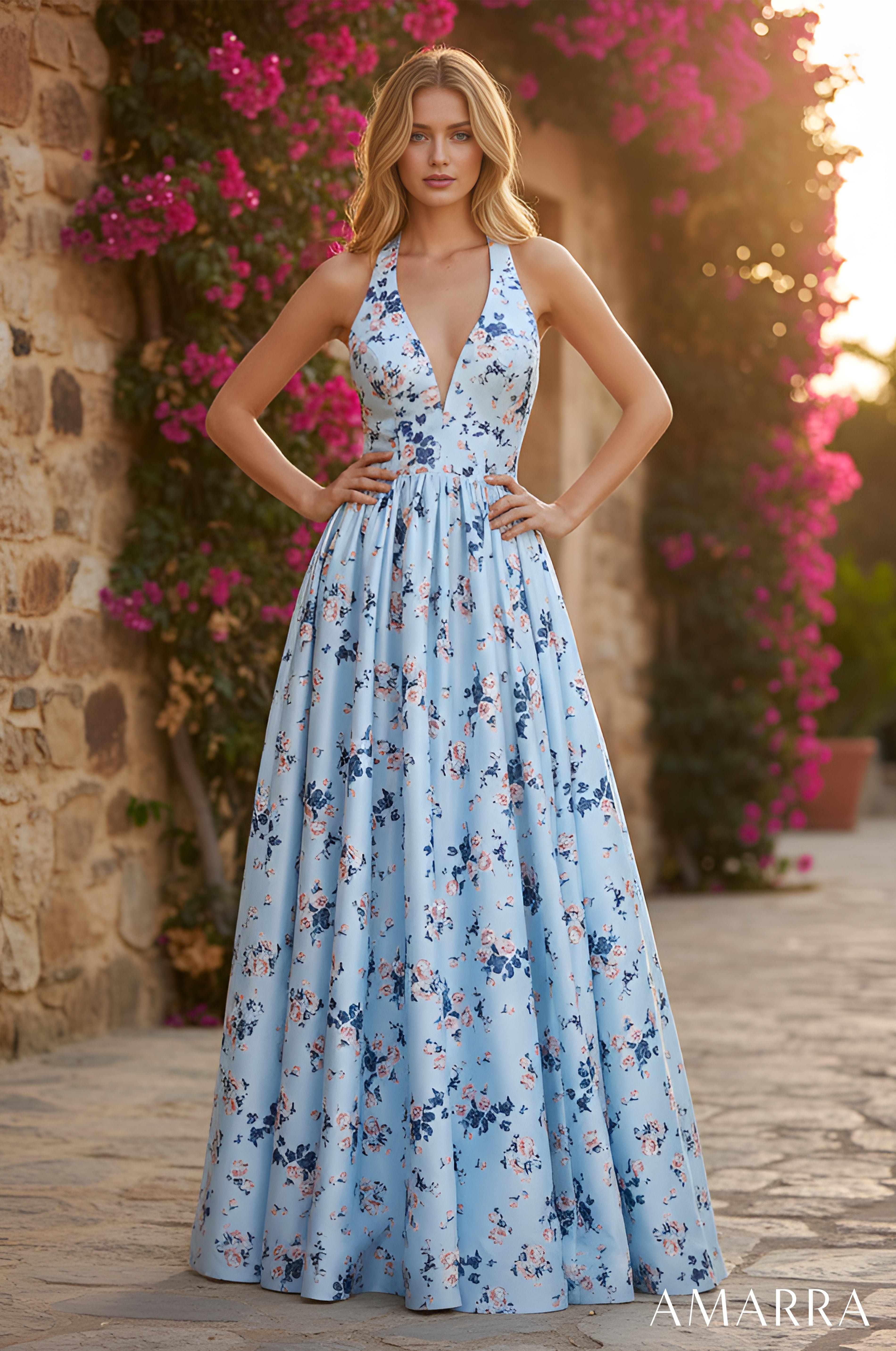 Blue/Print Halter Floor Length Mesh Prom Dress with Floral Print Skirt Amarra 89616