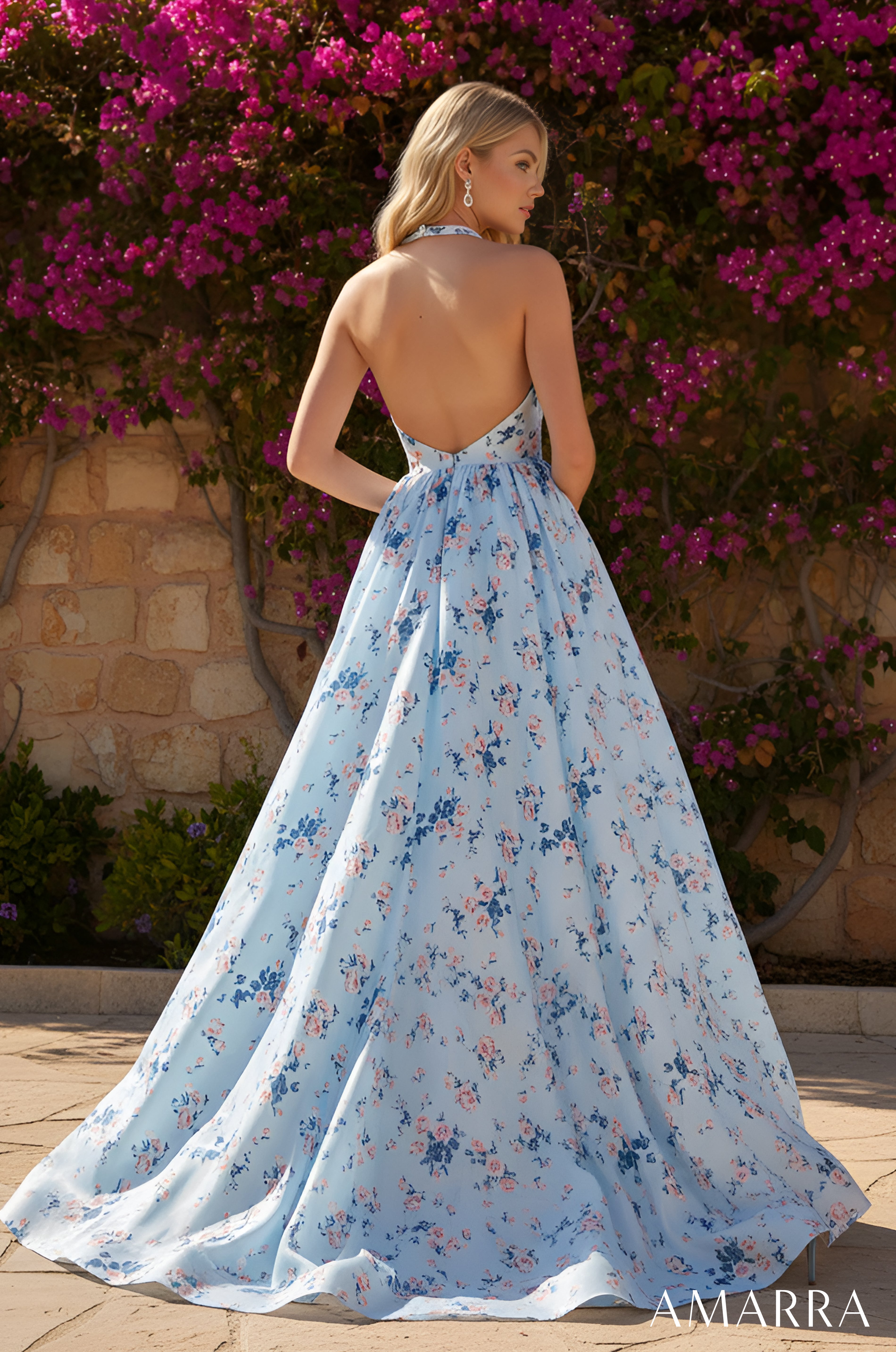 Blue/Print Halter Floor Length Mesh Prom Dress with Floral Print Skirt Amarra 89616
