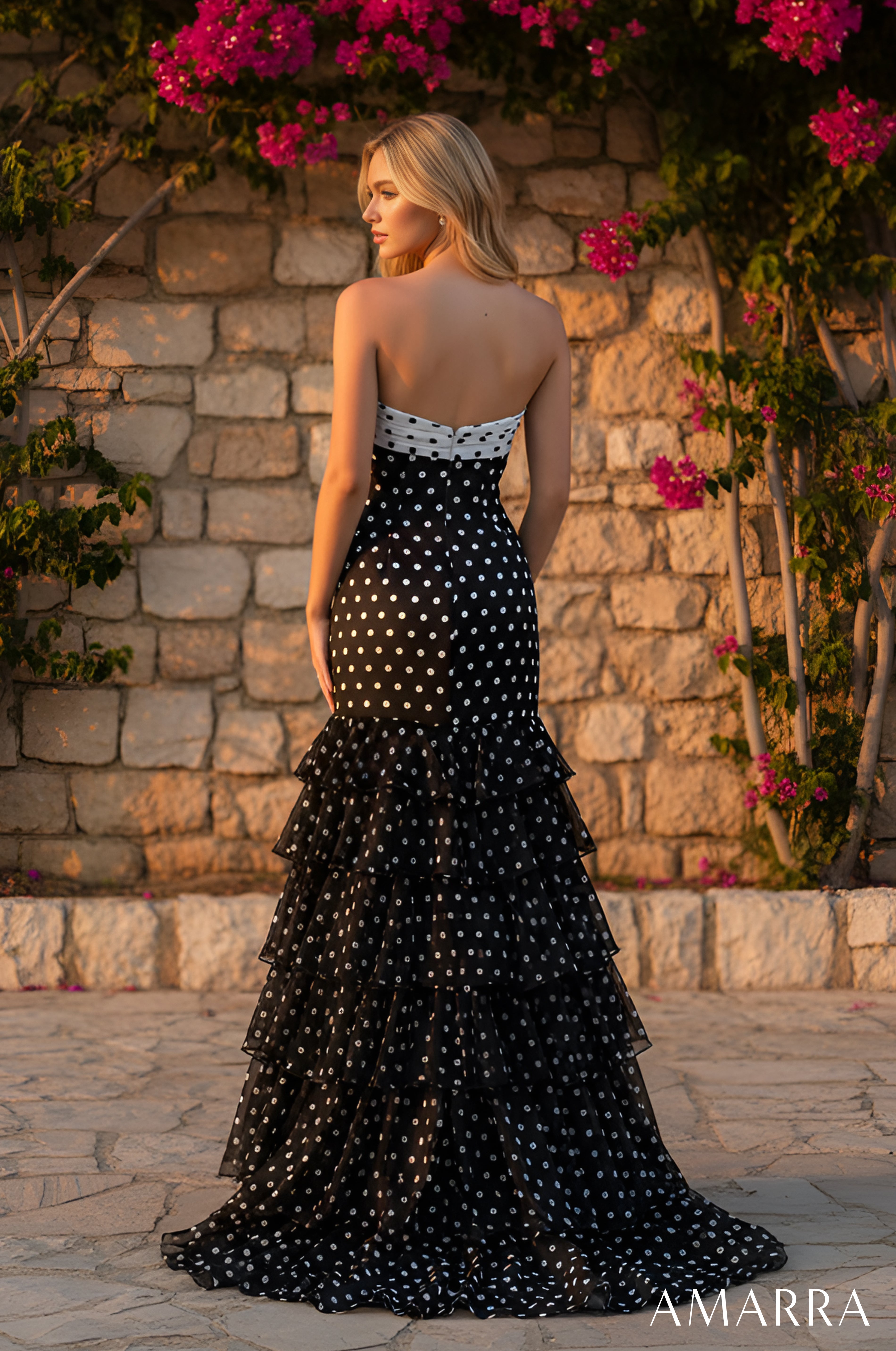 Black/White Sweetheart Floor Length Tulle Formal Dress with Tiered Skirt Amarra 89617