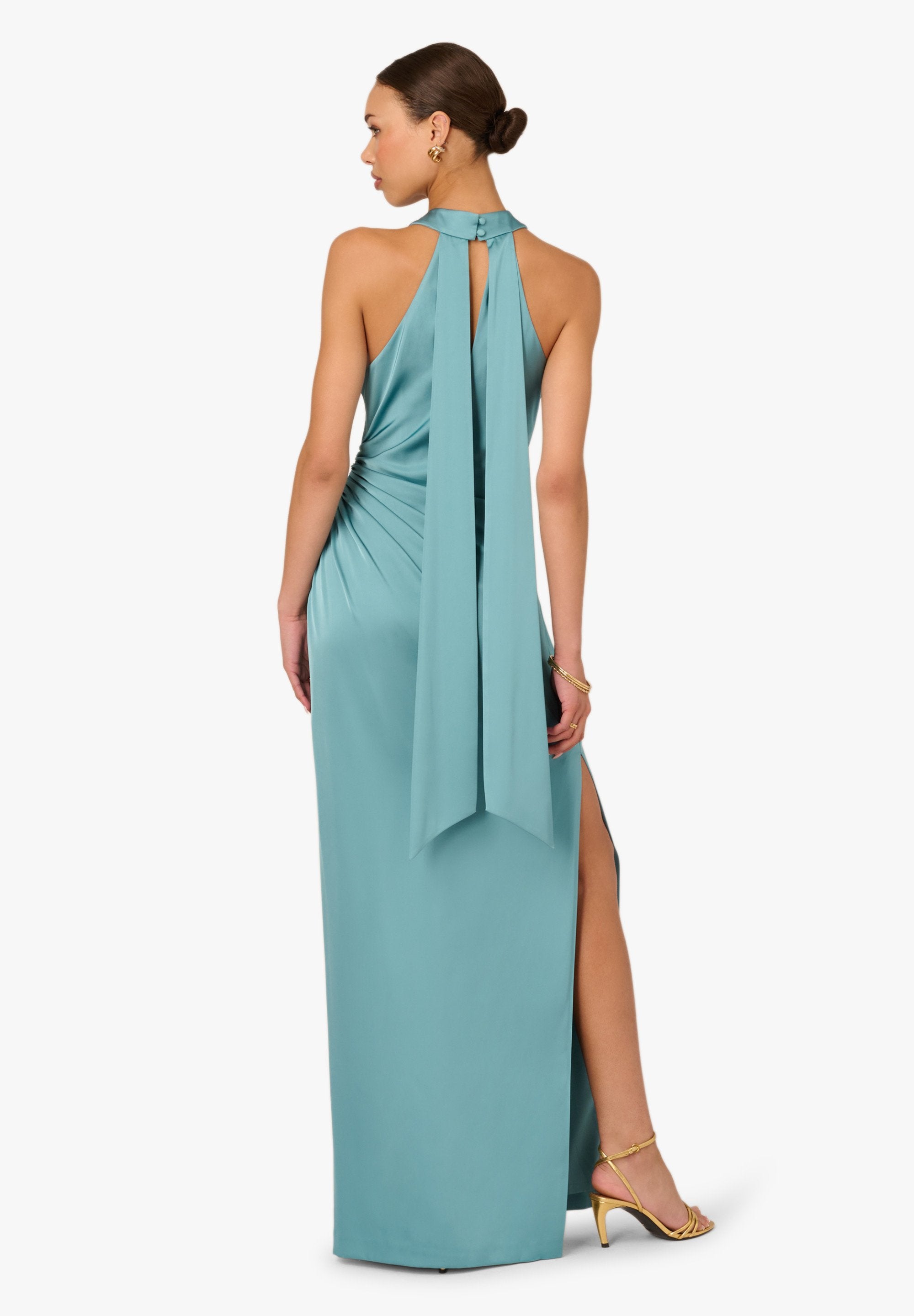 Blue Heaven Adrianna Papell ADAE213052 Halter Floor-Length Satin Formal Dress Slit