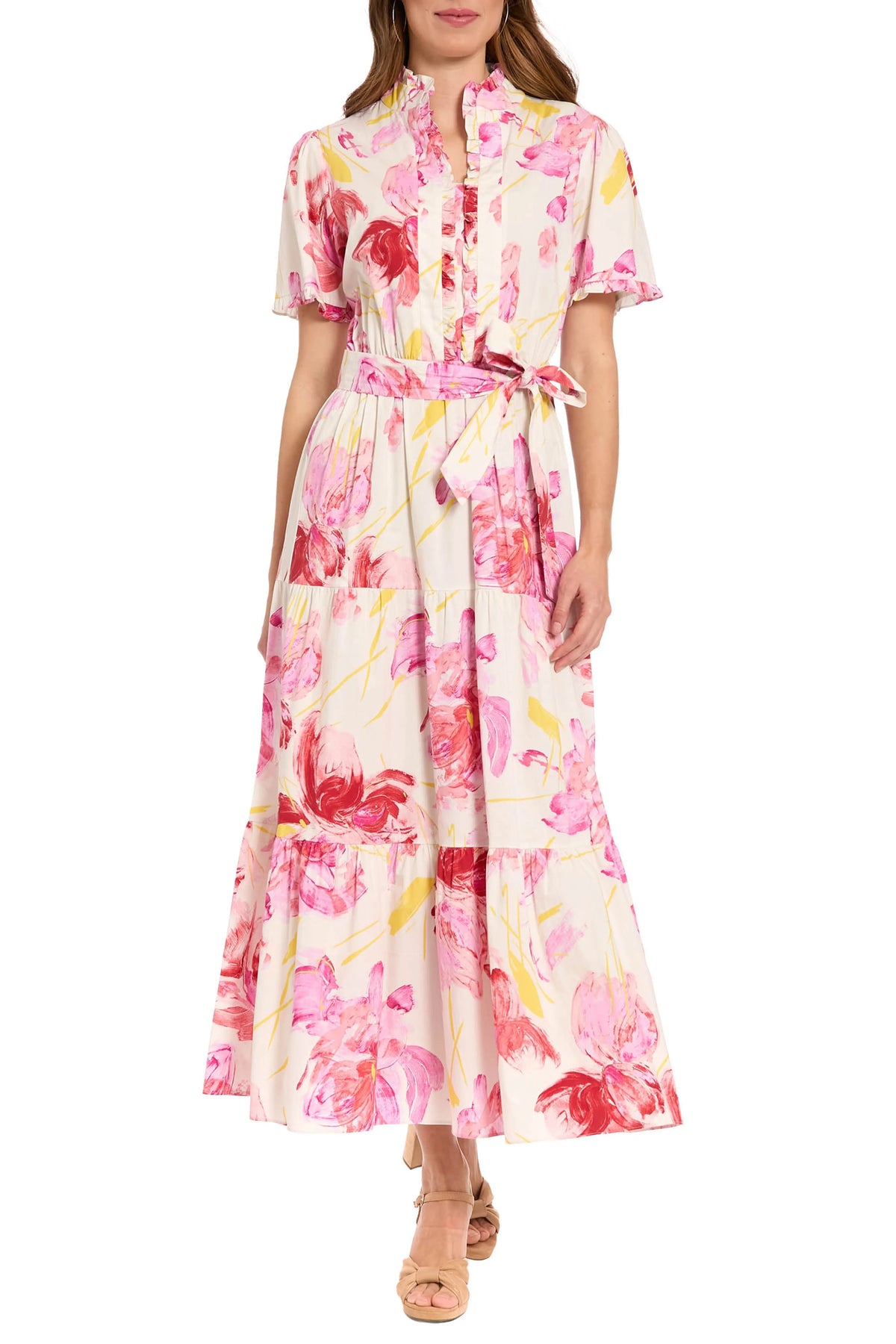 Floral Ruffle Neck Tiered Maxi Dress London Times T10215M