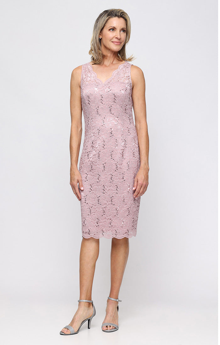 Blush V-Neck Knee-Length Lace Formal Dress with Bolero Jacket and Scalloped SL Fashions 9213128 Blush