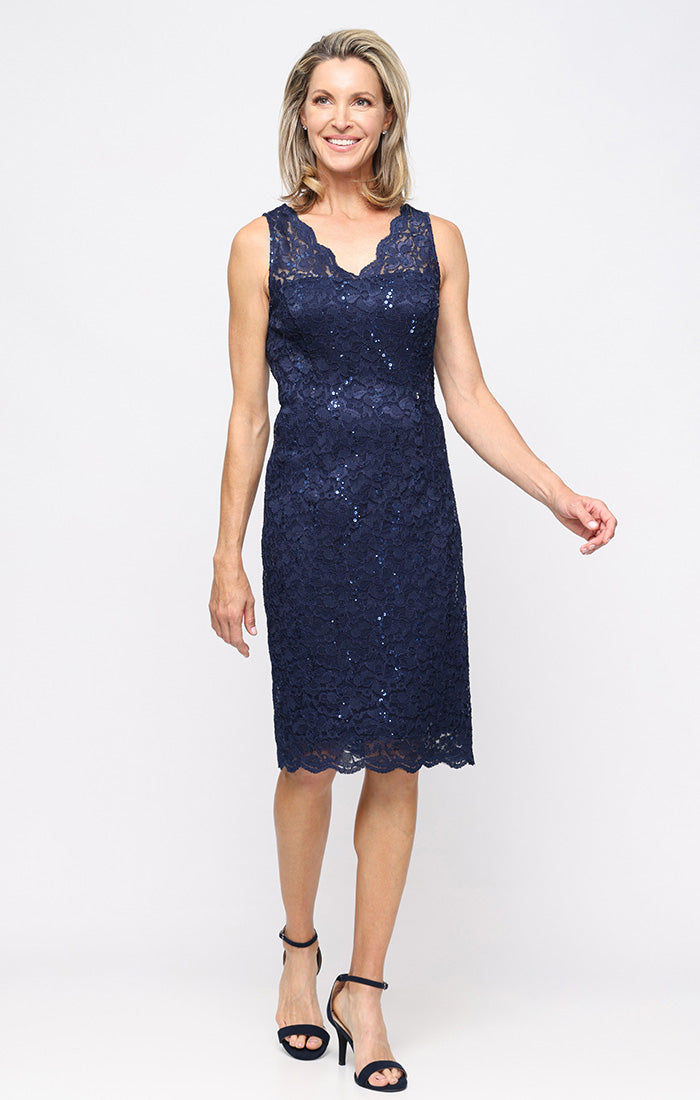 Cocktail Dresses V-Neck Knee-Length Lace Formal Dress with Bolero Jacket and Scalloped SL Fashions 9213128 Navy
