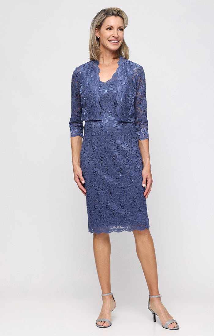 Cocktail Dresses V-Neck Knee-Length Lace Formal Dress with Bolero Jacket and Scalloped SL Fashions 9213128 Wedgewood