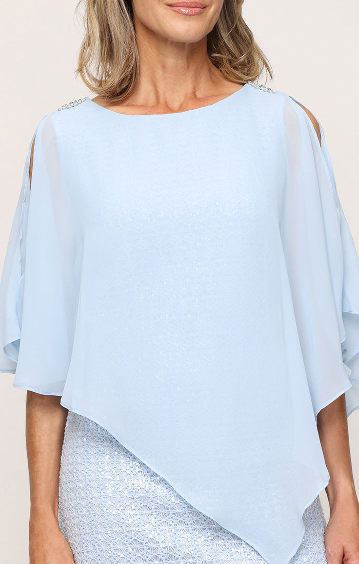 Light Blue Bateau Neck Knee-Length Lace Cocktail Dress with Chiffon Capelet SL Fashions 9115125
