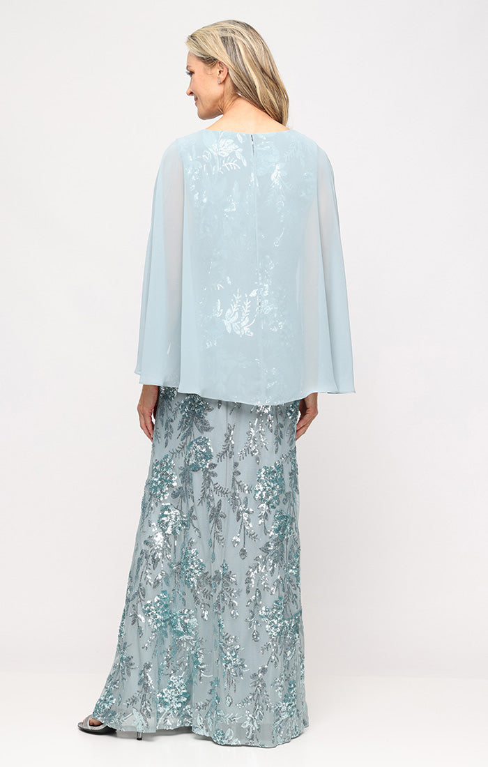 Sage Jewel Neck Floor-Length Sequin Evening Gown with Chiffon Capelet SL Fashions 9120348