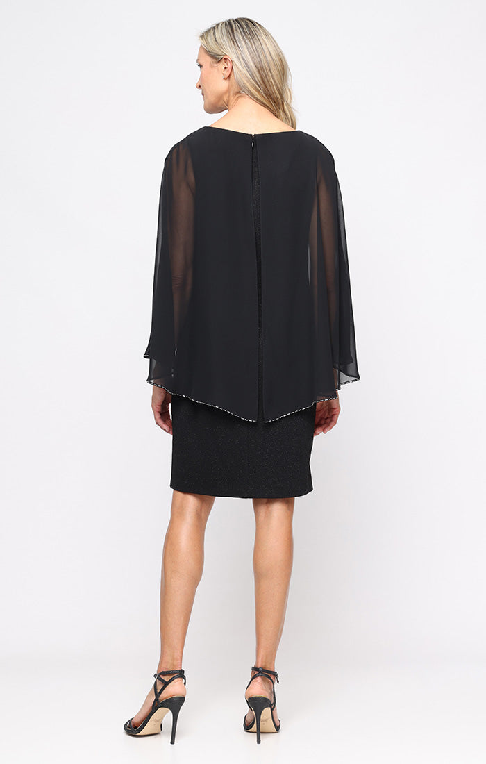 Black Scoop Knee-Length Chiffon Cocktail Dress with Beaded Capelet SL Fashions 9227320