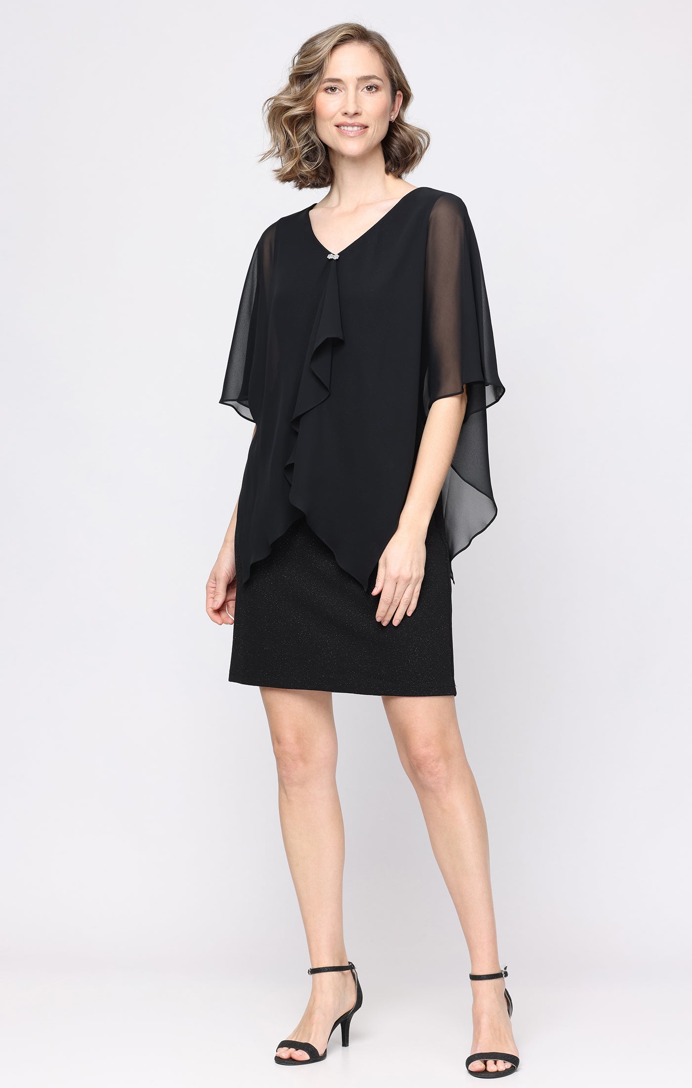Black SL Fashions 9127340 V-Neck Knee-Length Glitter Cocktail Dress Capelet