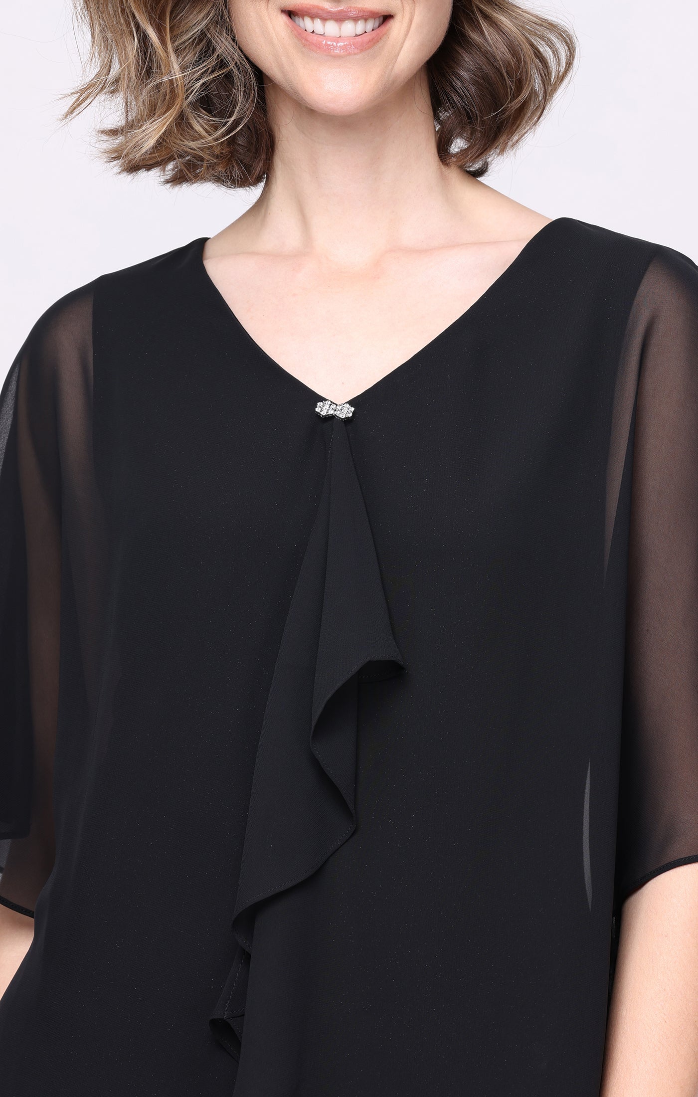 Black SL Fashions 9127340 V-Neck Knee-Length Glitter Cocktail Dress Capelet