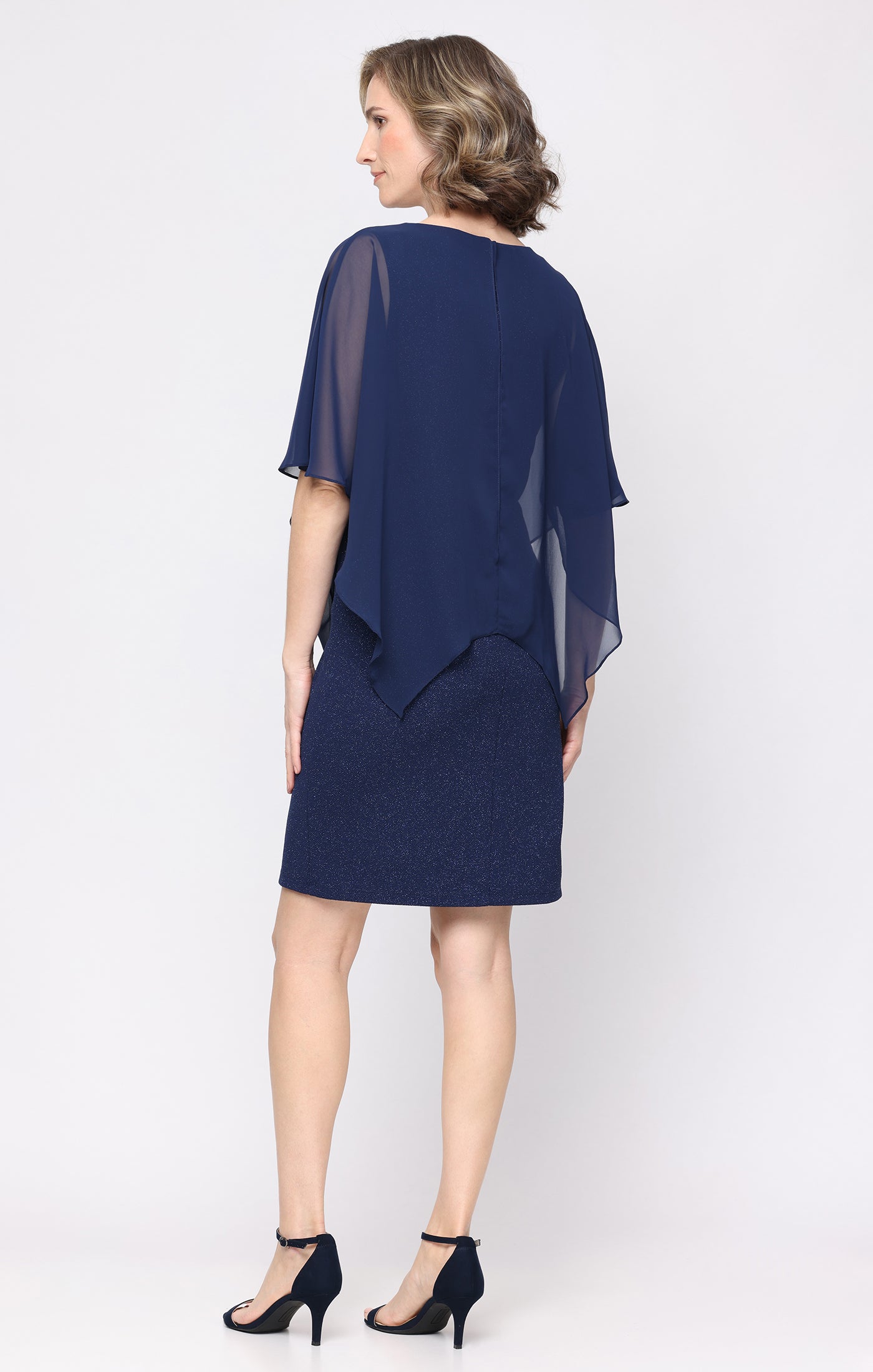Navy SL Fashions 9227340 V-Neck Knee-Length Glitter Chiffon Cocktail Dress Capelet