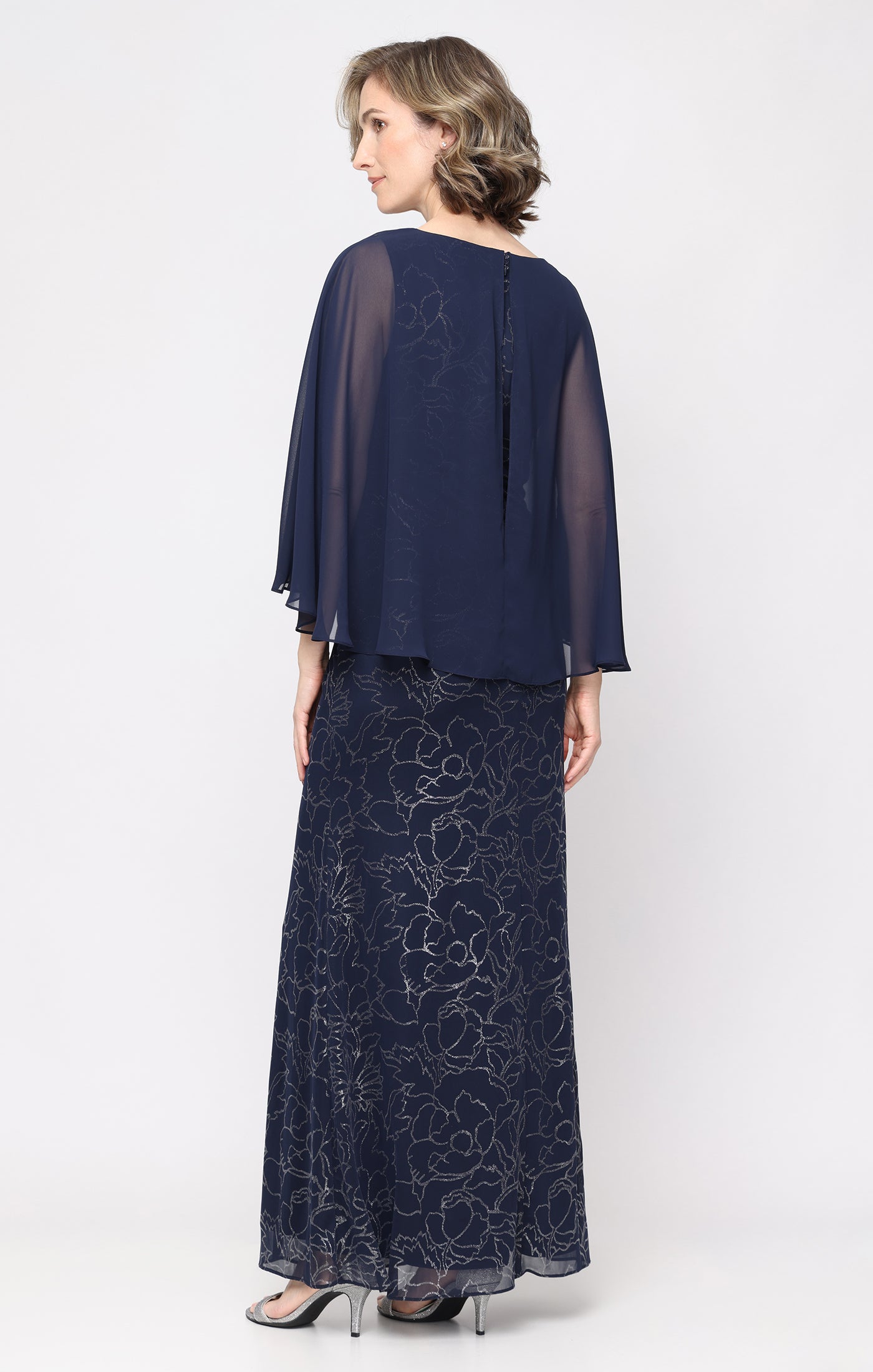 Navy/Silver SL Fashions 9233291 Bateau Floor-Length Chiffon Evening Dress Capelet