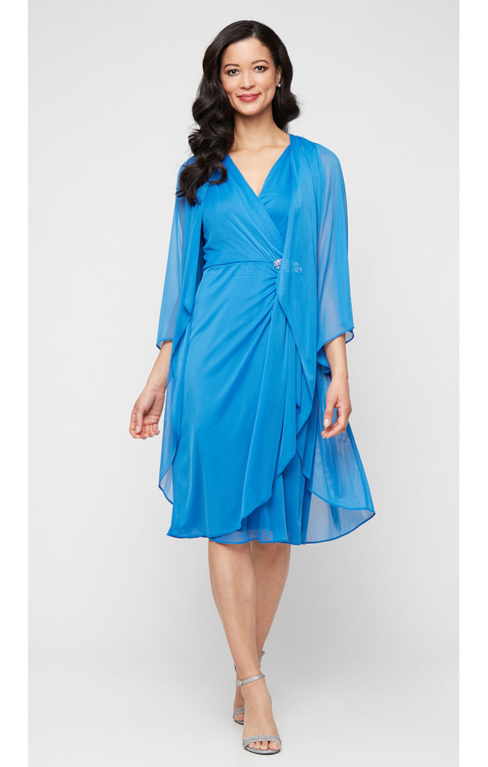 Mid Blue V-Neck Knee-Length Mesh Dress with Sheer Jacket and Rhinestone Pin SL Fashions 9435258