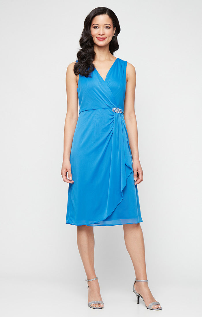 Mid Blue V-Neck Knee-Length Mesh Dress with Sheer Jacket and Rhinestone Pin SL Fashions 9435258