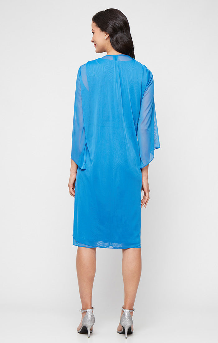 Mid Blue V-Neck Knee-Length Mesh Dress with Sheer Jacket and Rhinestone Pin SL Fashions 9435258