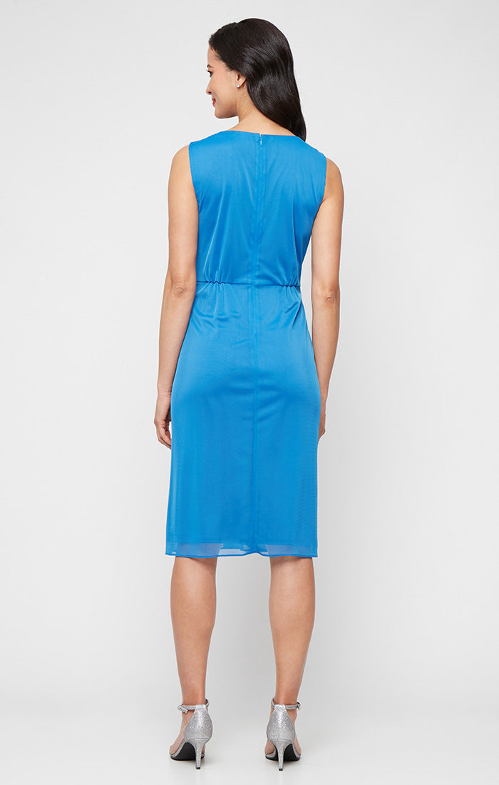 Mid Blue V-Neck Knee-Length Mesh Dress with Sheer Jacket and Rhinestone Pin SL Fashions 9435258