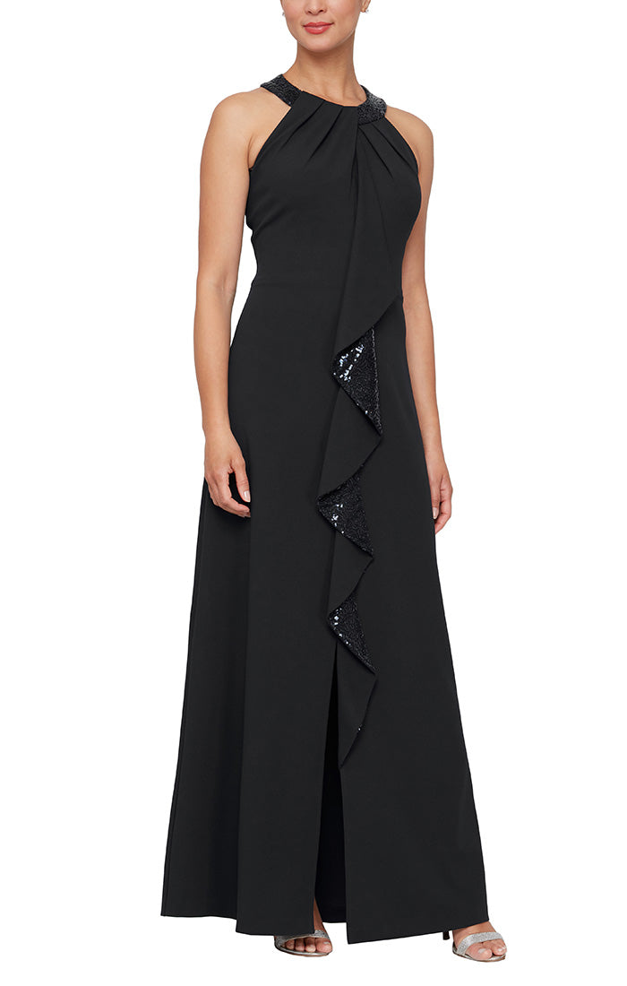 Formal Dresses Fitted Long Formal Ruffle Evening Dress BLACK