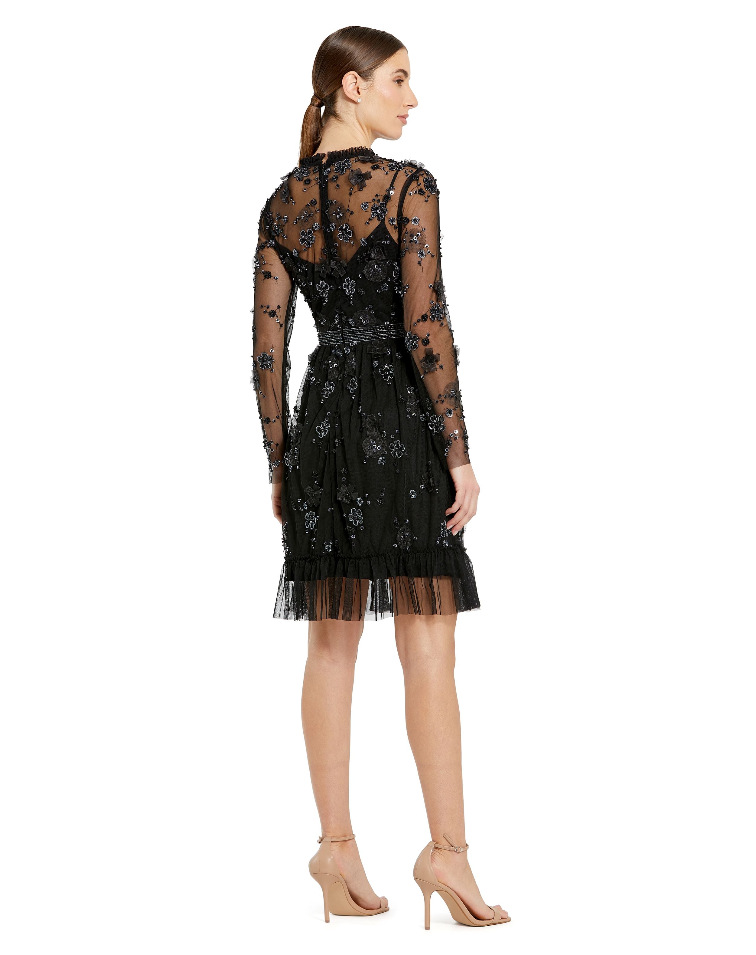 Cocktail Dresses Short Cocktail Long Sleeve Beaded Mini Dress Black