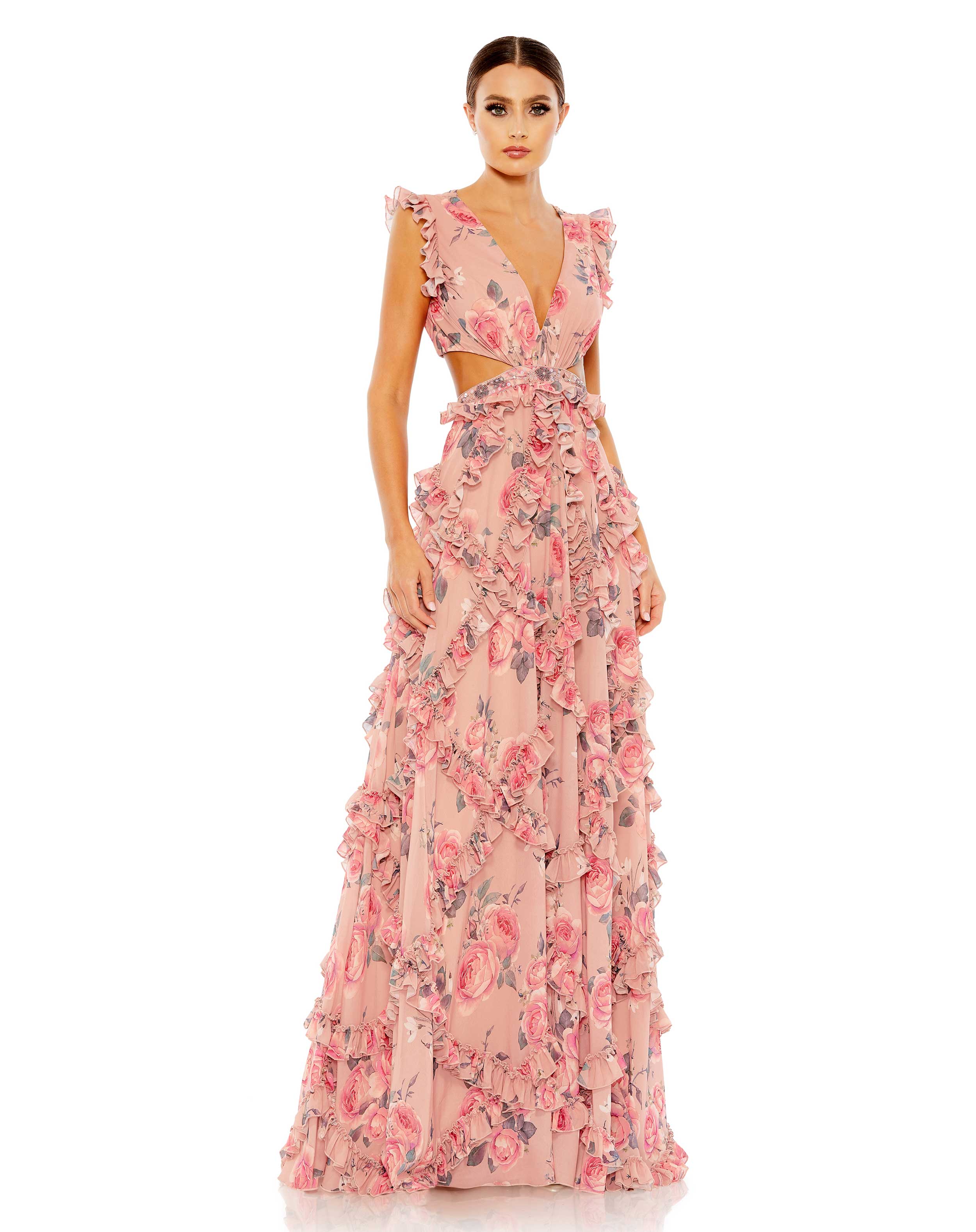Prom Dresses Long Ruffled Cut Out Formal Prom Floral Dress Rose Multi