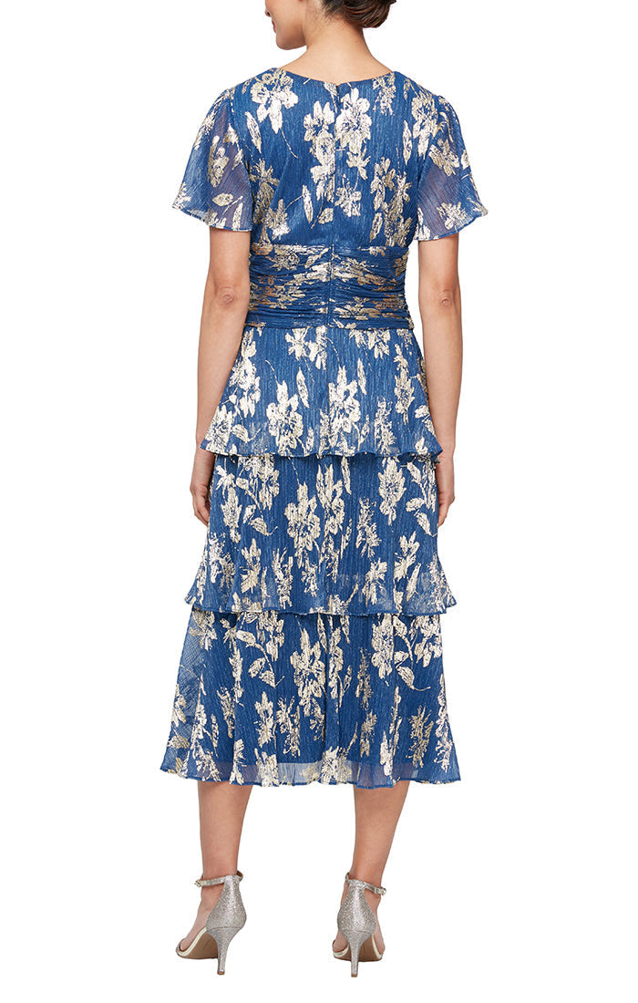 Royal Gold V-Neck Tea-Length Chiffon Cocktail Tiered Floral Dress SL Fashions 9155229
