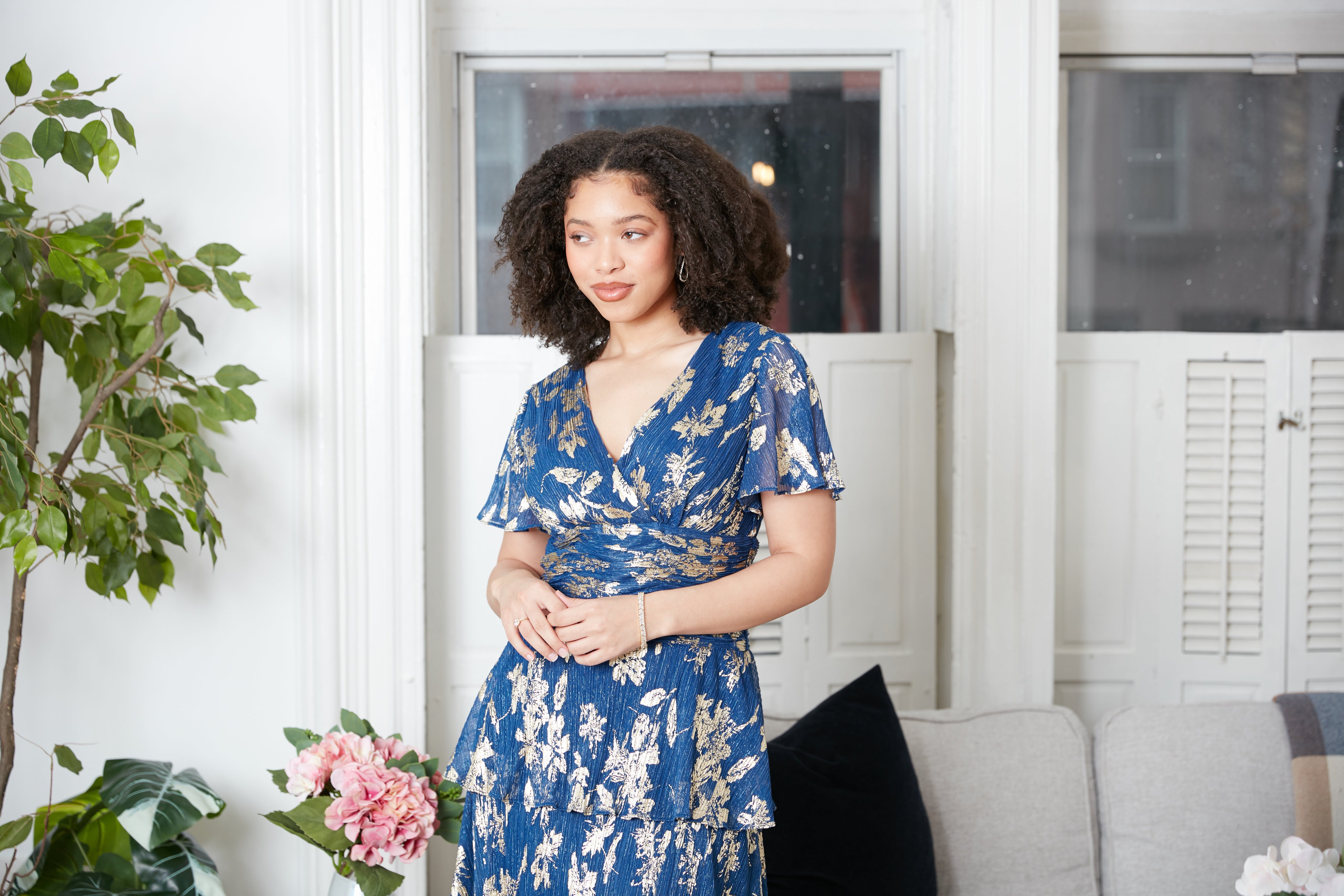 Royal Gold V-Neck Tea-Length Chiffon Cocktail Tiered Floral Dress SL Fashions 9155229